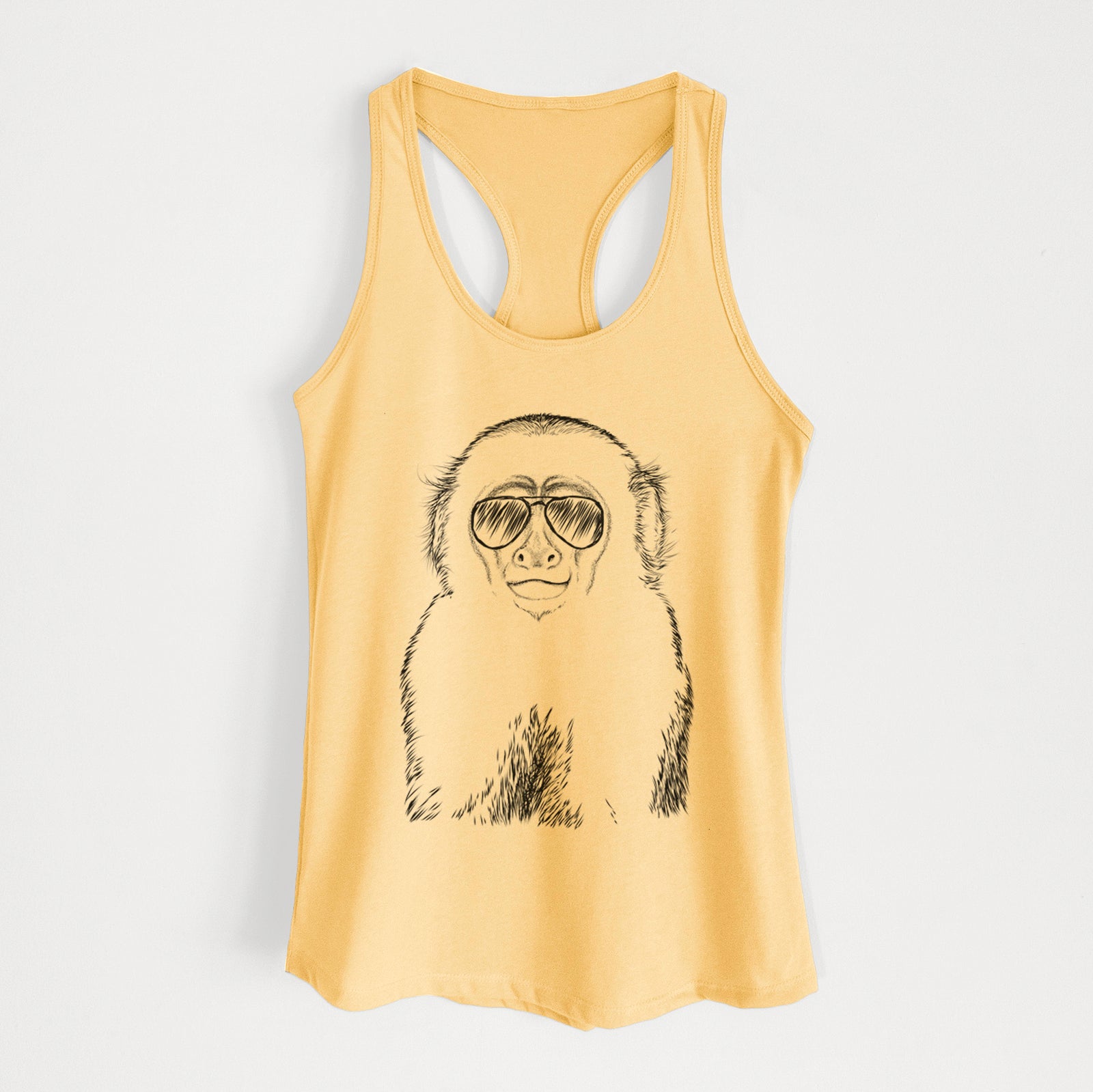 Hand-drawn sketch of Marcel the Capuchin Monkey wearing aviator sunglasses on a Banana Cream Women's racerback tanktop