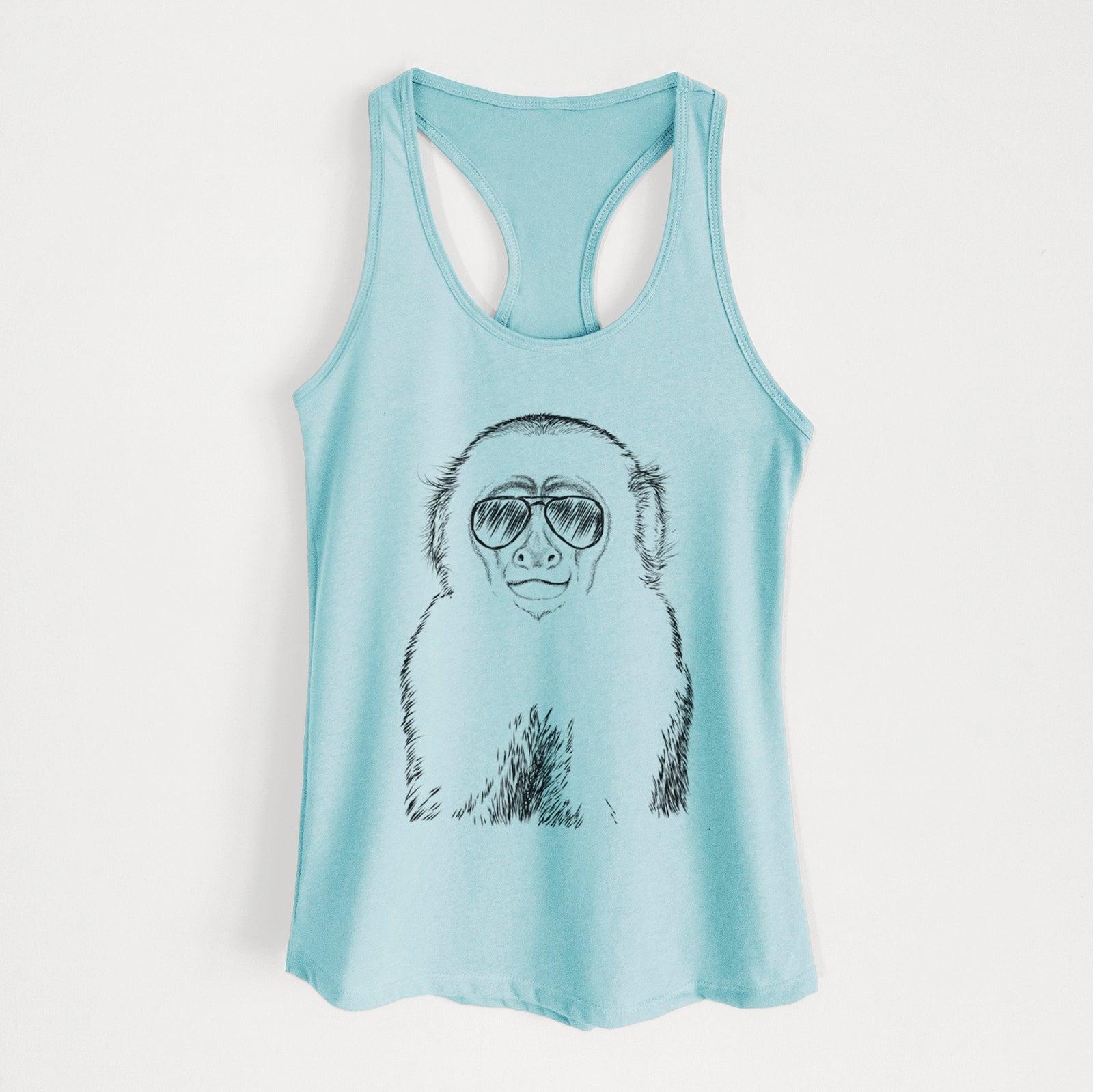 Hand-drawn sketch of Marcel the Capuchin Monkey wearing aviator sunglasses on a Cancun Blue Women's racerback tanktop