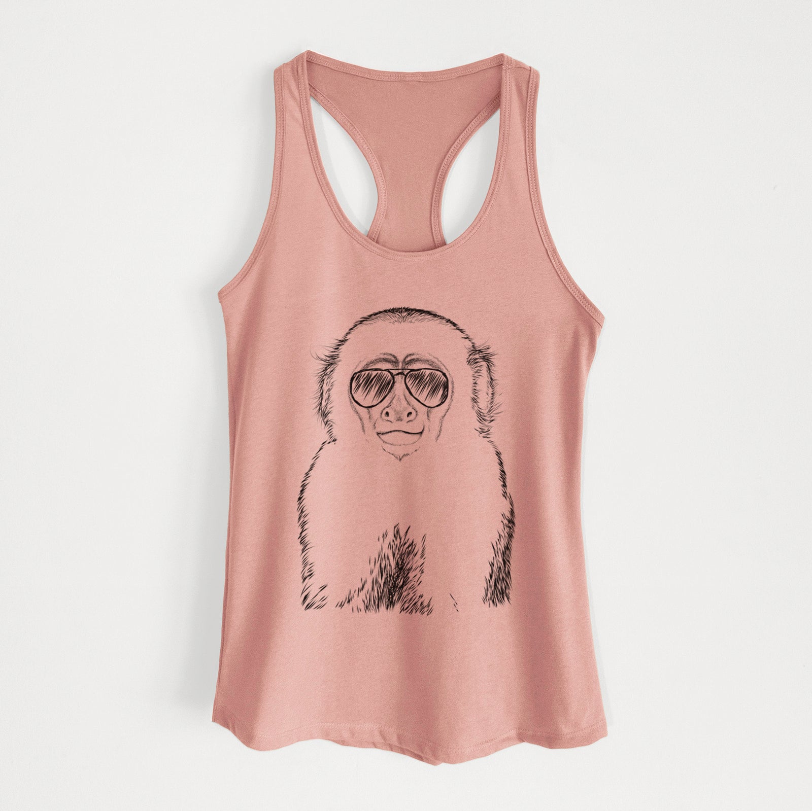 Hand-drawn sketch of Marcel the Capuchin Monkey wearing aviator sunglasses on a Desert Pink Women's racerback tanktop