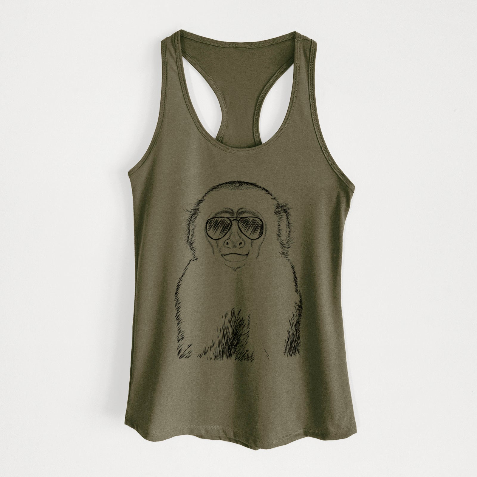 Hand-drawn sketch of Marcel the Capuchin Monkey wearing aviator sunglasses on a Military Green Women's racerback tanktop