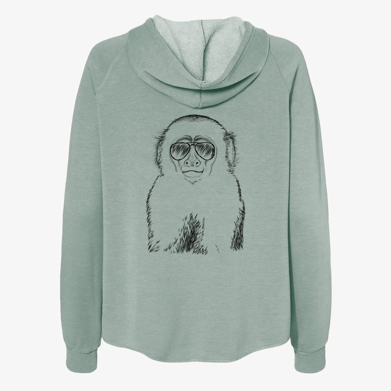 Hand-drawn sketch of Marcel the Capuchin Monkey wearing aviator sunglasses on a Sage Women's cali wave zip-up sweatshirt