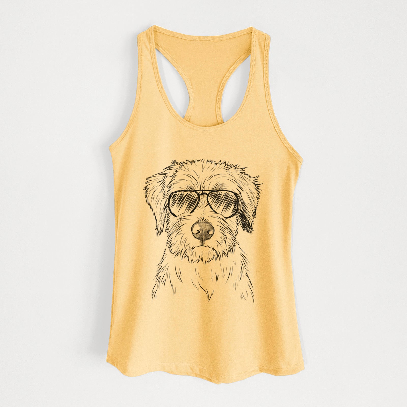 Hand-drawn sketch of Marek the Bernedoodle wearing aviator sunglasses on a Banana Cream Women's racerback tanktop
