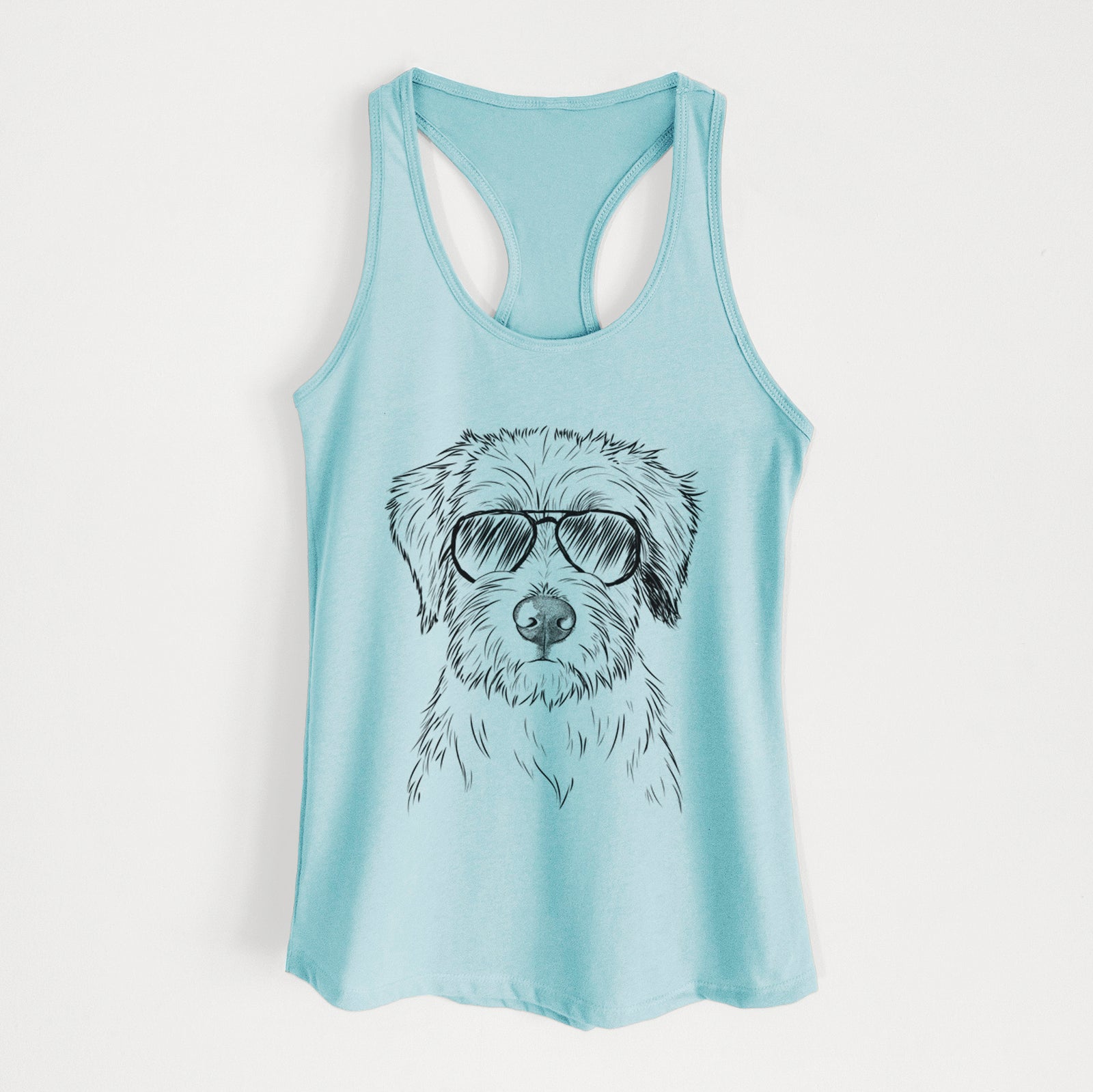 Hand-drawn sketch of Marek the Bernedoodle wearing aviator sunglasses on a Cancun Blue Women's racerback tanktop