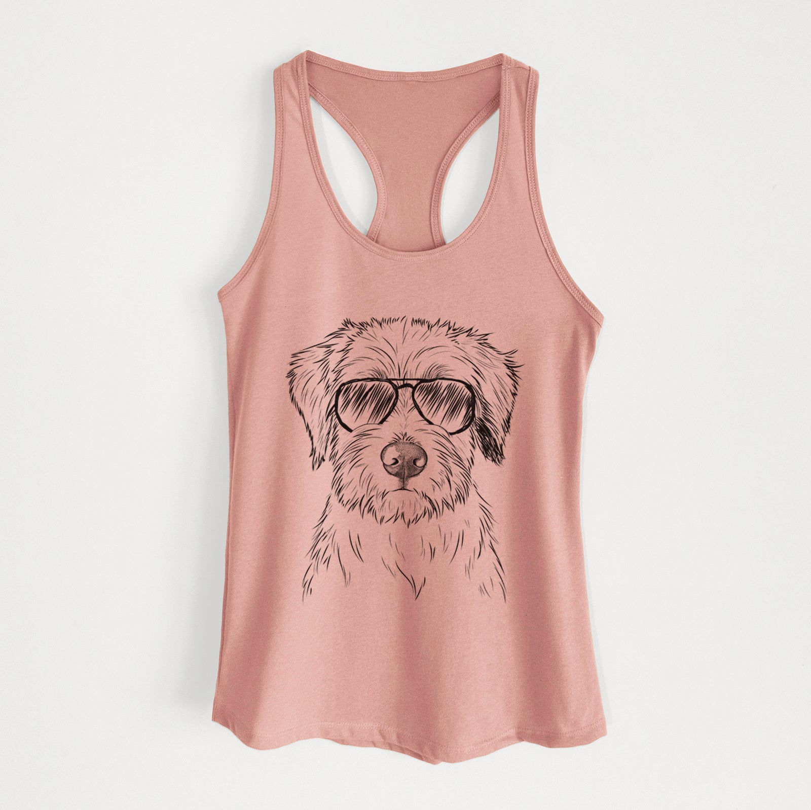 Hand-drawn sketch of Marek the Bernedoodle wearing aviator sunglasses on a Desert Pink Women's racerback tanktop