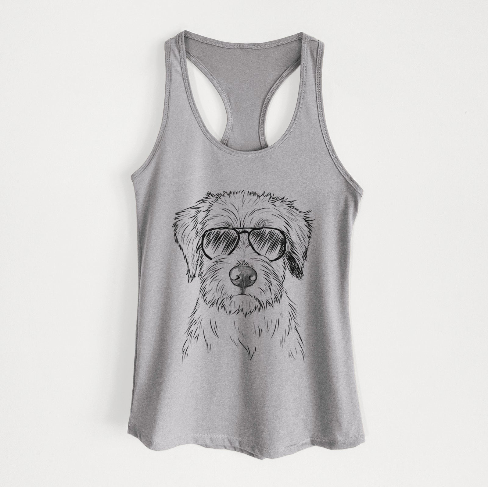 Hand-drawn sketch of Marek the Bernedoodle wearing aviator sunglasses on a Heather Grey Women's racerback tanktop