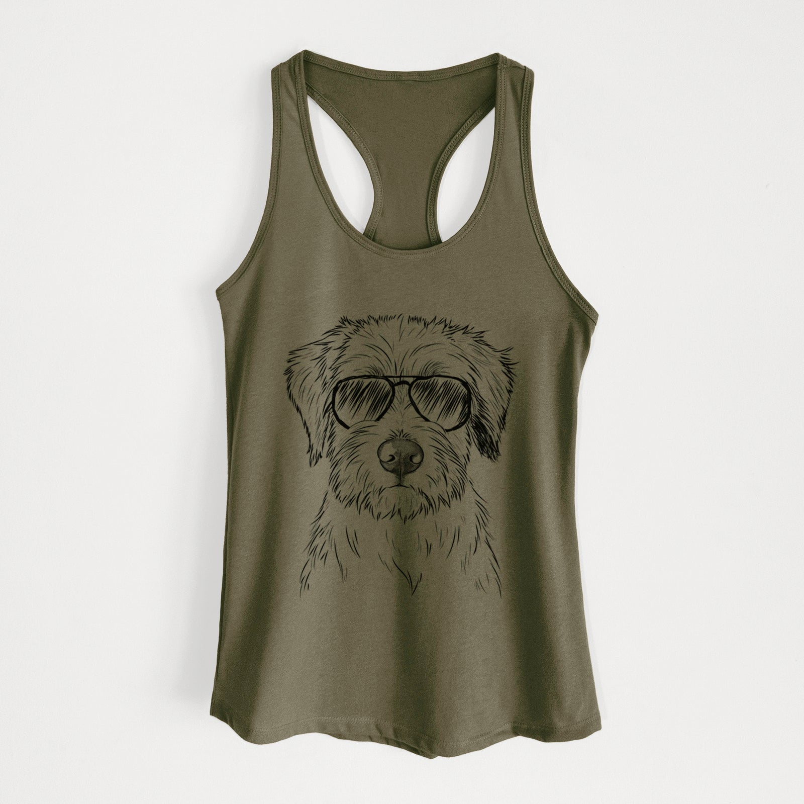 Hand-drawn sketch of Marek the Bernedoodle wearing aviator sunglasses on a Military Green Women's racerback tanktop