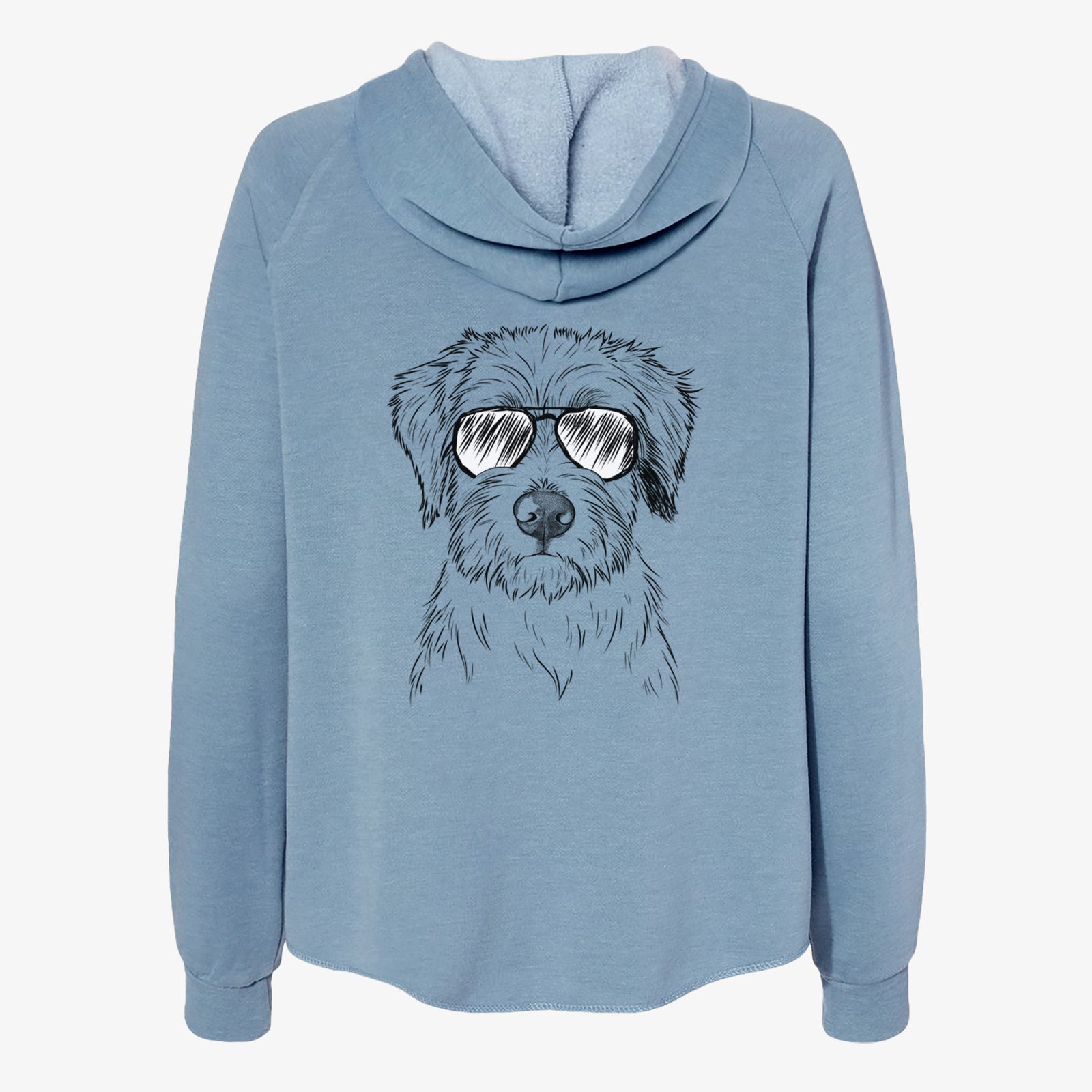 Hand-drawn sketch of Marek the Bernedoodle wearing aviator sunglasses on a Misty Blue Women's cali wave zip-up sweatshirt