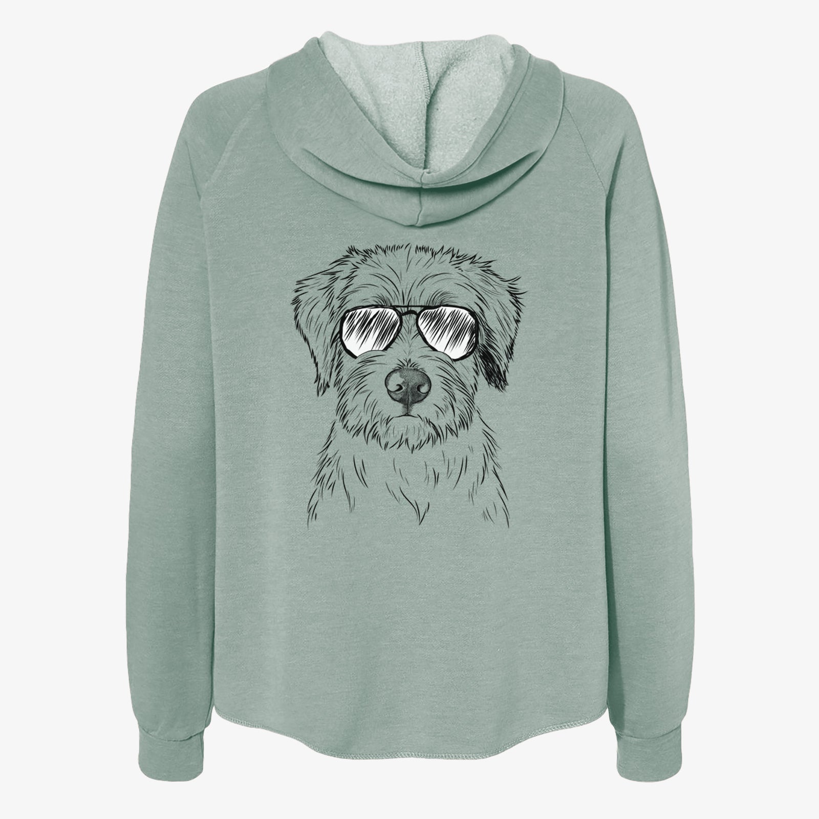Hand-drawn sketch of Marek the Bernedoodle wearing aviator sunglasses on a Sage Women's cali wave zip-up sweatshirt