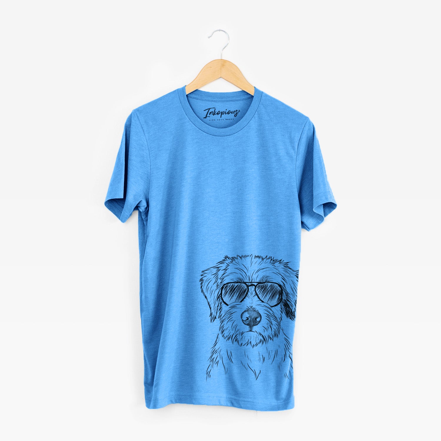 Hand-drawn sketch of Marek the Bernedoodle wearing aviator sunglasses on a Blue Unisex crewneck