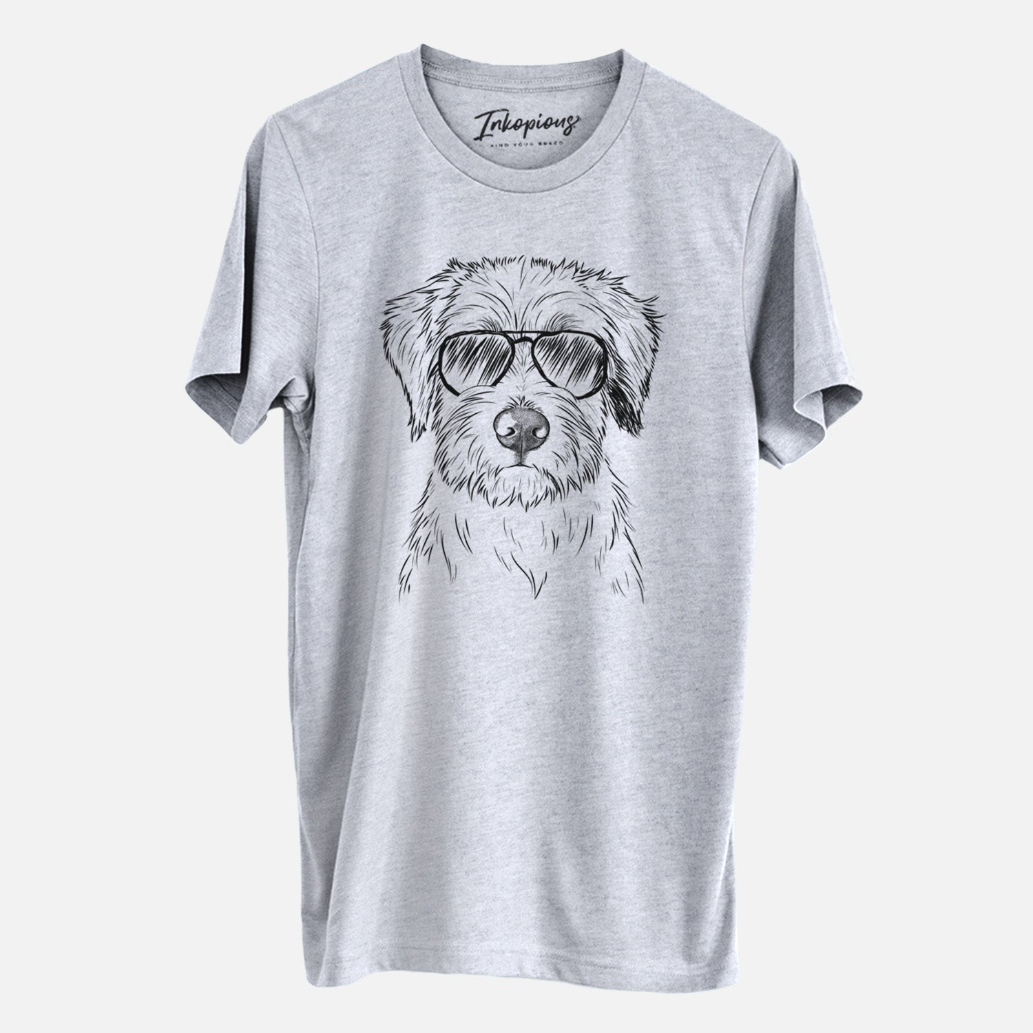 Hand-drawn sketch of Marek the Bernedoodle wearing aviator sunglasses on a Grey Unisex crewneck