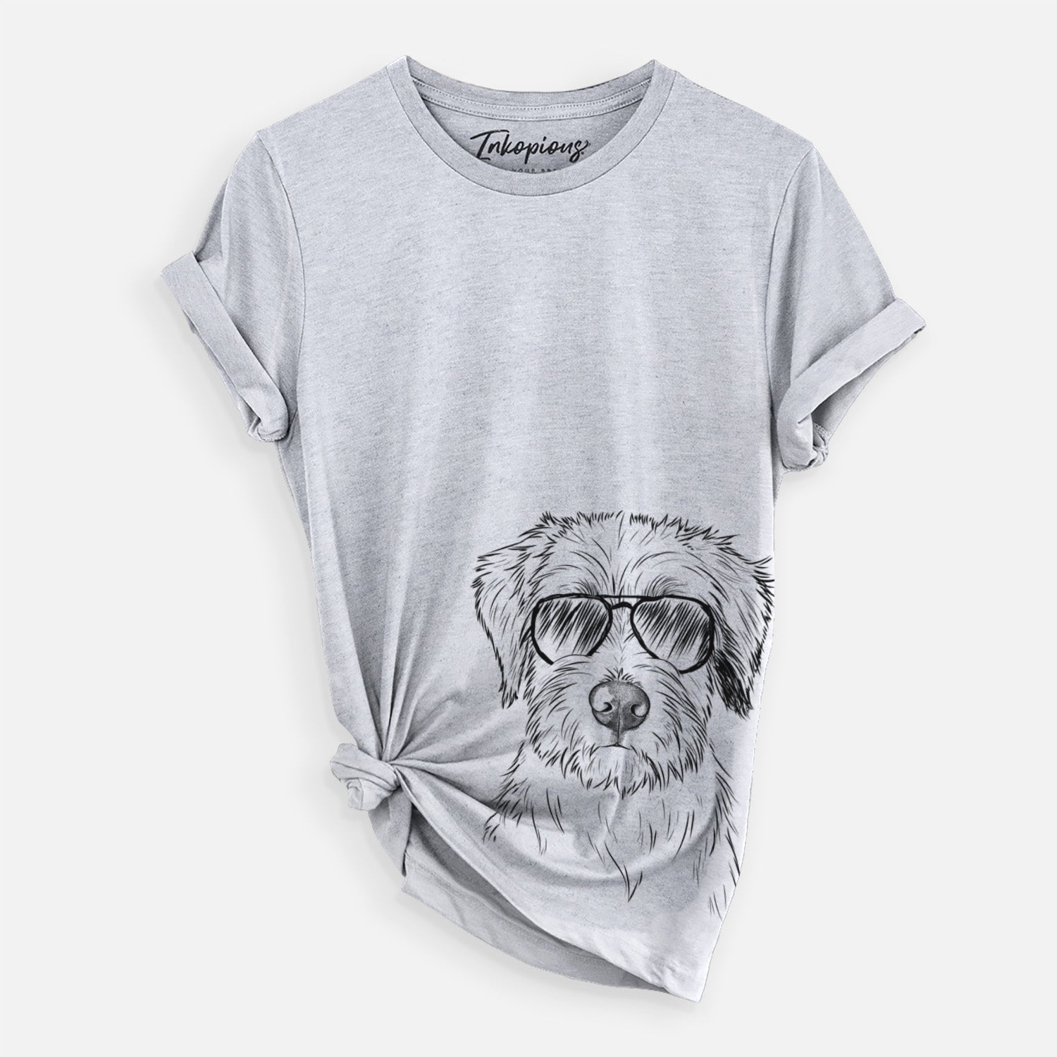 Hand-drawn sketch of Marek the Bernedoodle wearing aviator sunglasses on a Grey Unisex crewneck