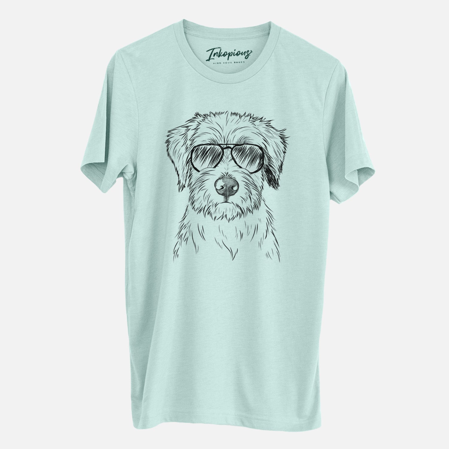 Hand-drawn sketch of Marek the Bernedoodle wearing aviator sunglasses on a Heather Sage Unisex crewneck
