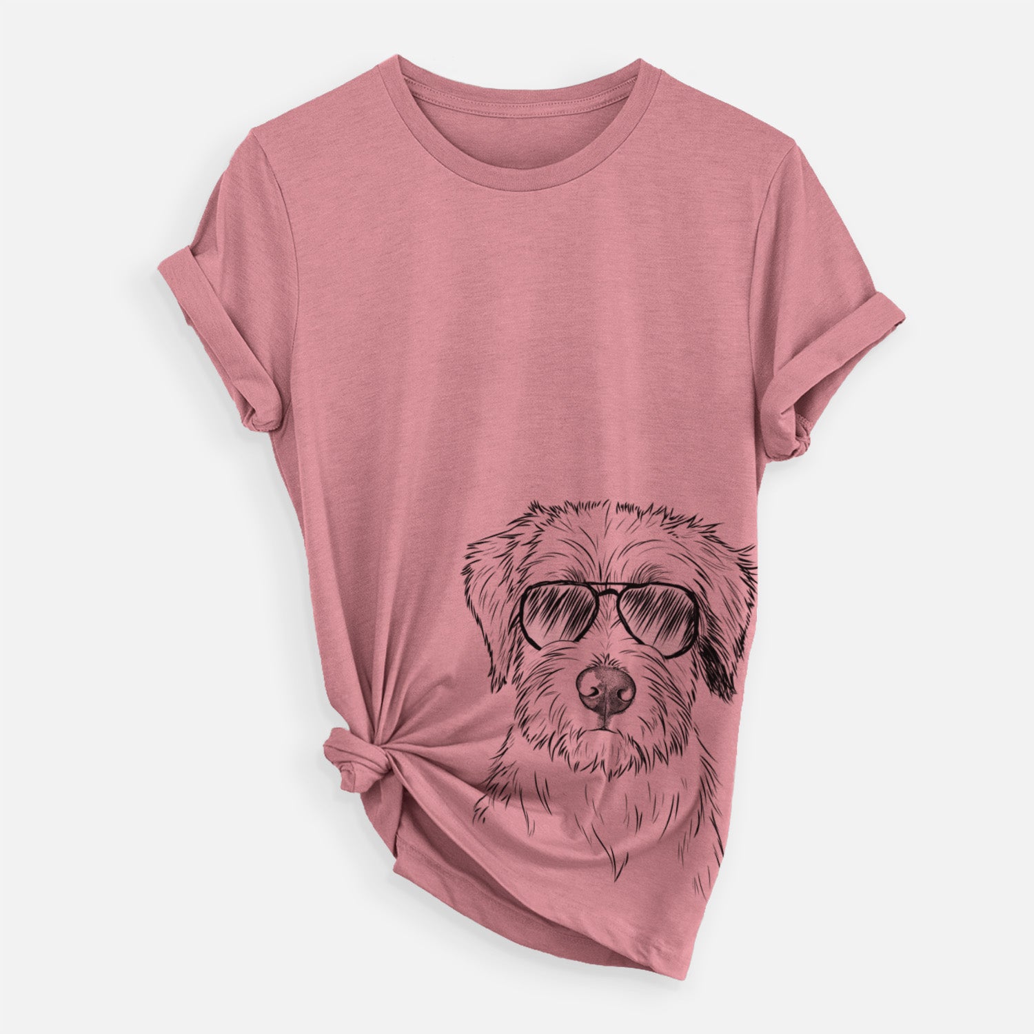 Hand-drawn sketch of Marek the Bernedoodle wearing aviator sunglasses on a Mauve Unisex crewneck