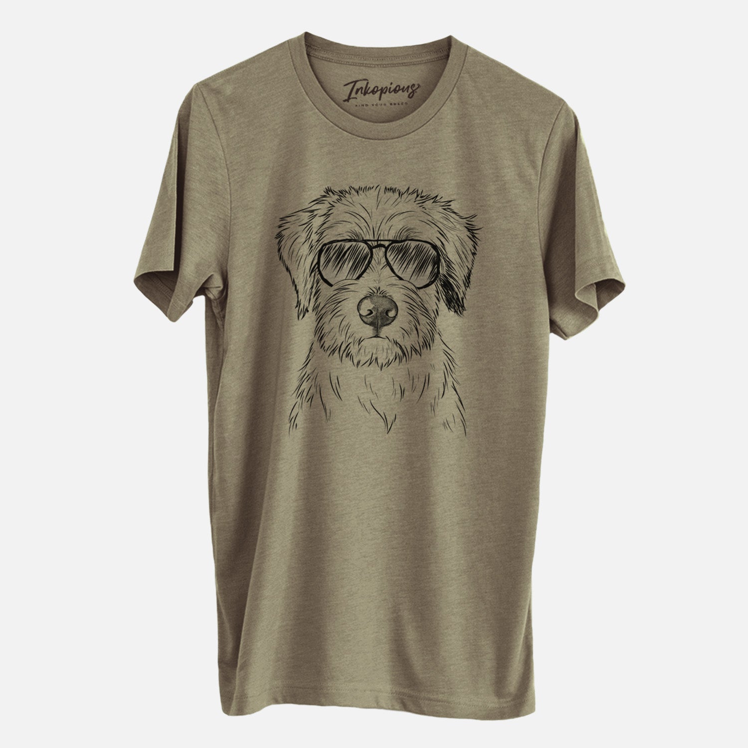 Hand-drawn sketch of Marek the Bernedoodle wearing aviator sunglasses on an Olive Unisex crewneck