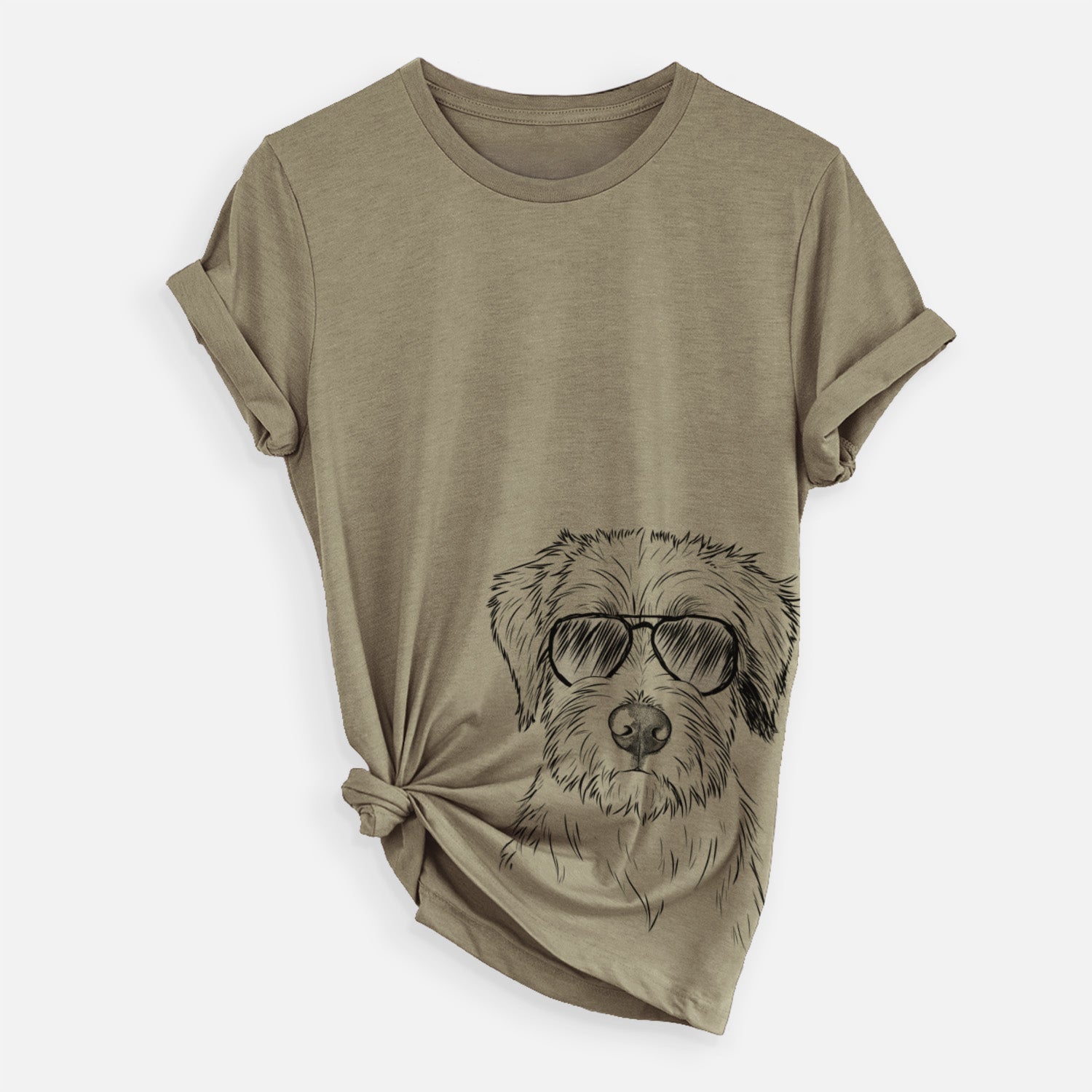 Hand-drawn sketch of Marek the Bernedoodle wearing aviator sunglasses on an Olive Unisex crewneck