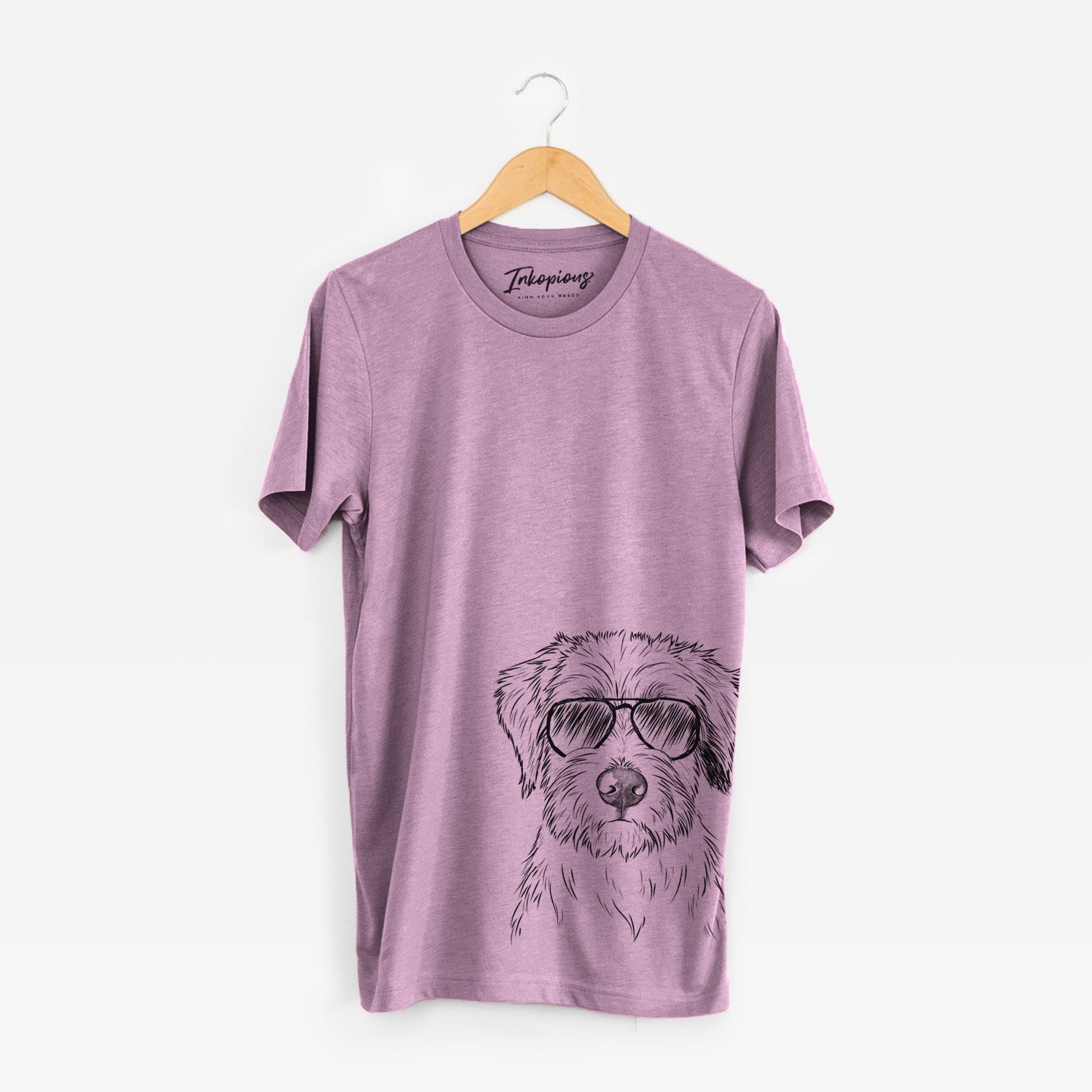 Hand-drawn sketch of Marek the Bernedoodle wearing aviator sunglasses on an Orchid Unisex crewneck