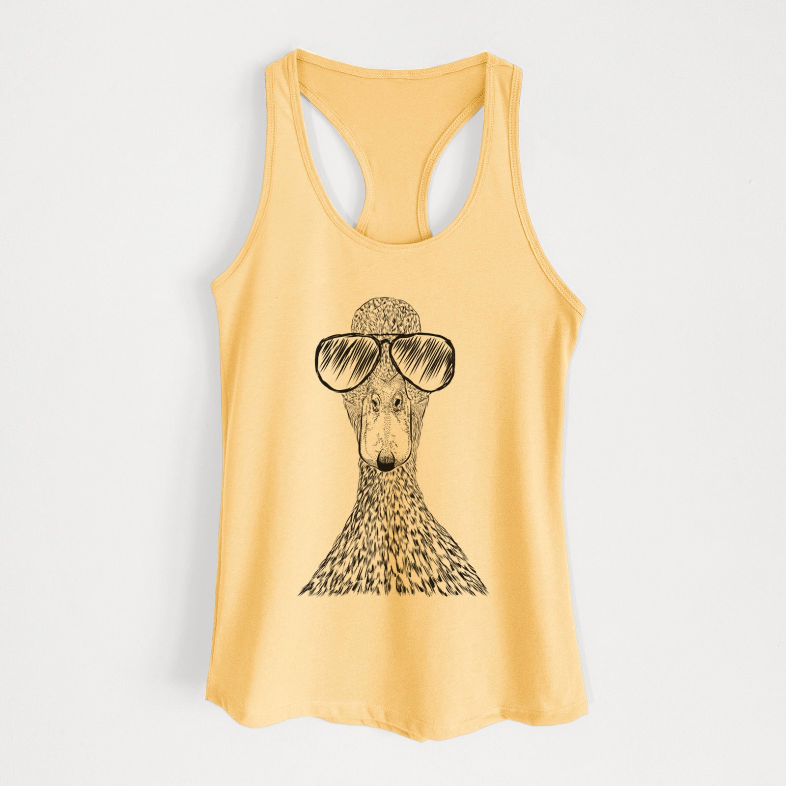 Hand-drawn sketch of Marge the Mallard Duck wearing aviator sunglasses on a Banana Cream Women's racerback tanktop