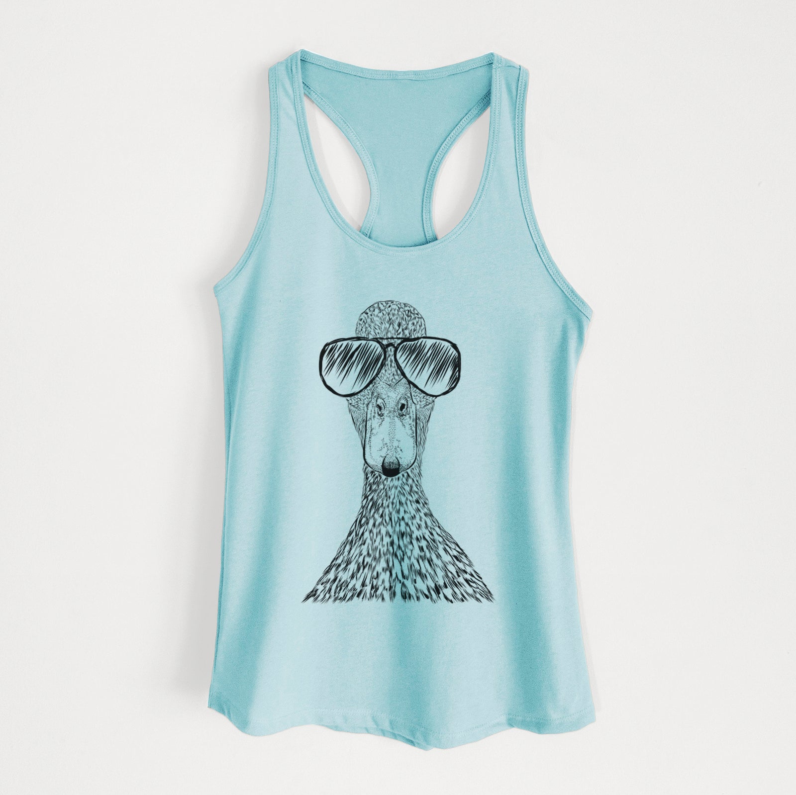 Hand-drawn sketch of Marge the Mallard Duck wearing aviator sunglasses on a Cancun Blue Women's racerback tanktop