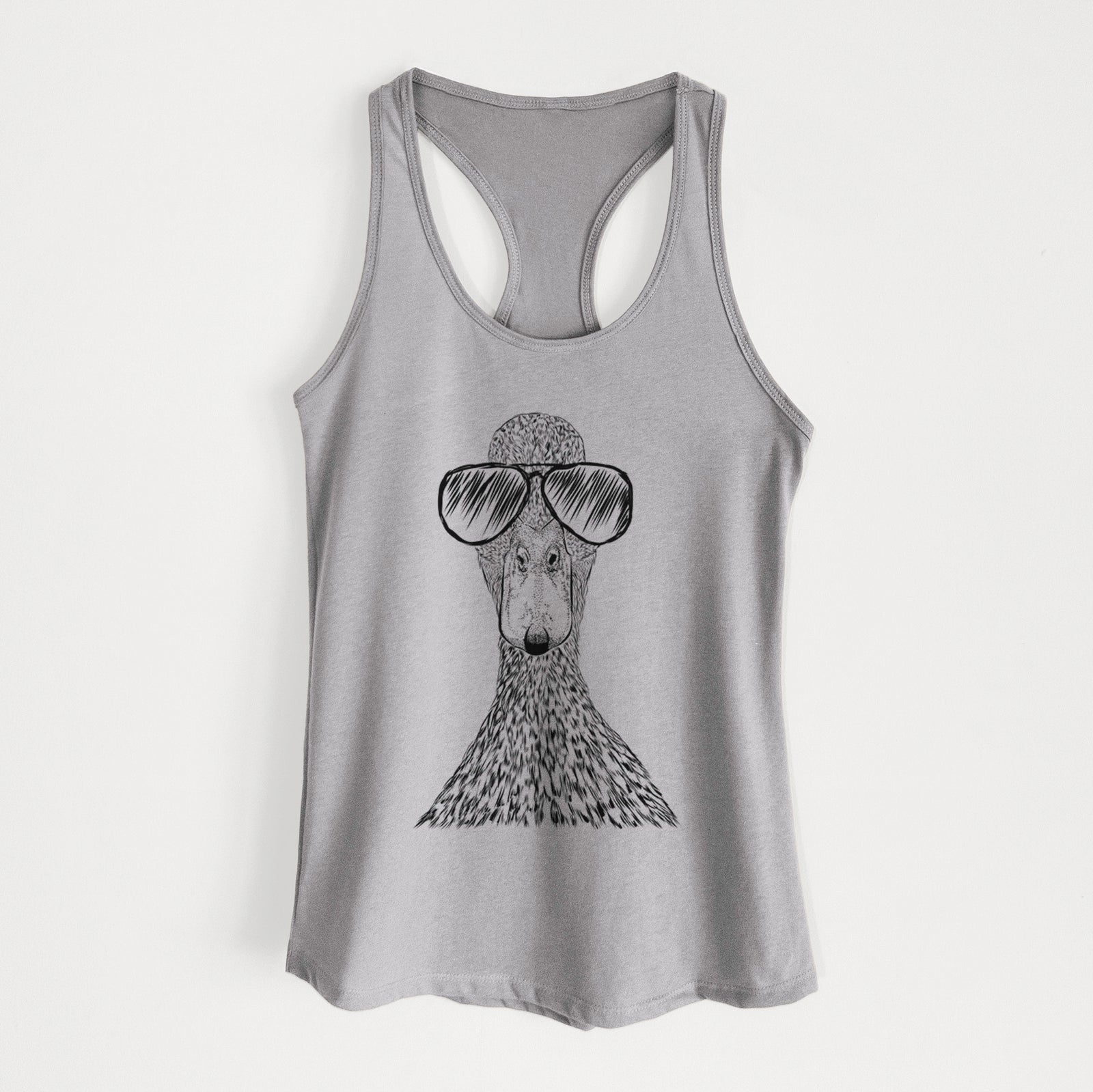 Hand-drawn sketch of Marge the Mallard Duck wearing aviator sunglasses on a Heather Grey Women's racerback tanktop