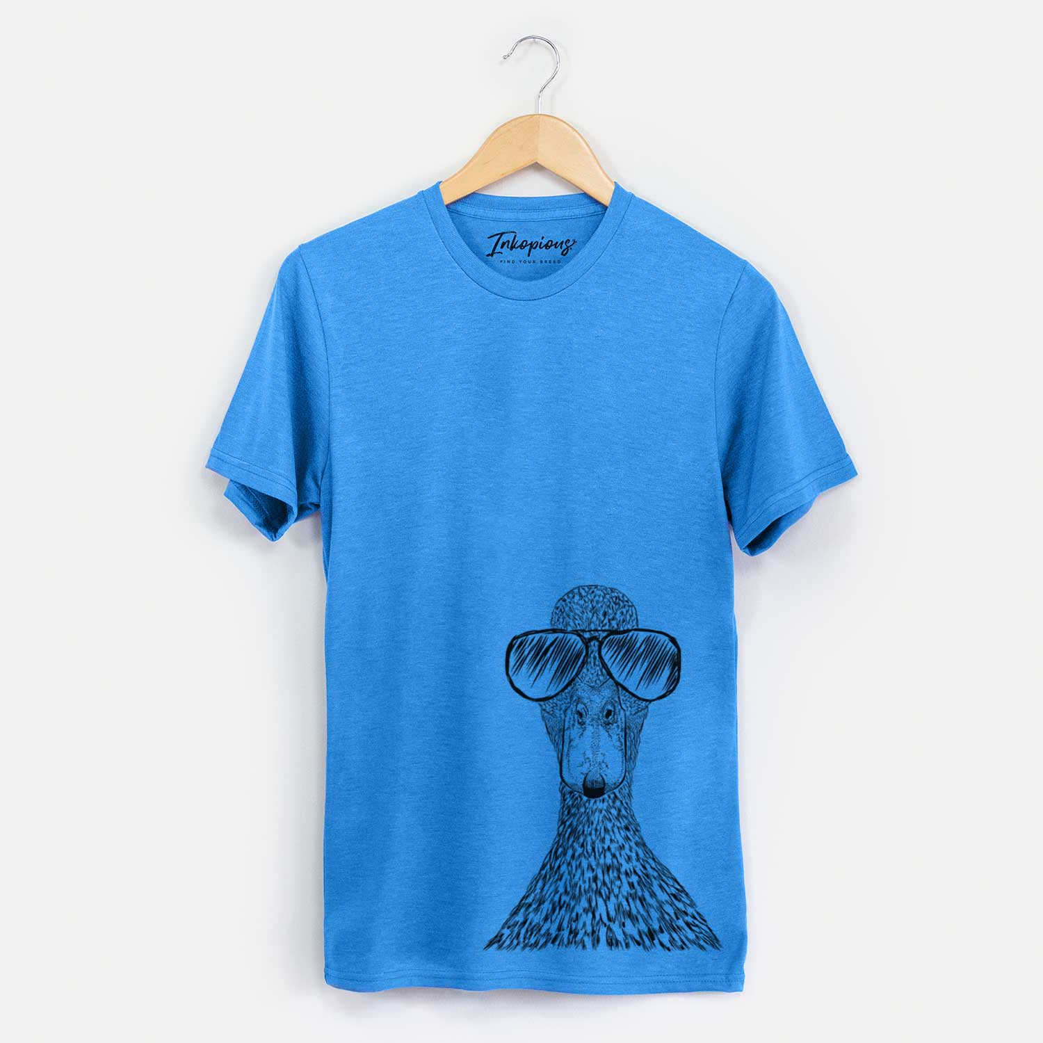 Hand-drawn sketch of Marge the Mallard Duck wearing aviator sunglasses on a Blue Unisex crewneck