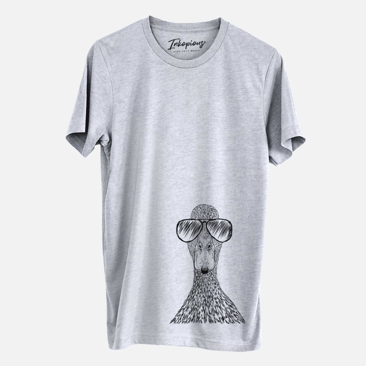 Hand-drawn sketch of Marge the Mallard Duck wearing aviator sunglasses on a Grey Unisex crewneck