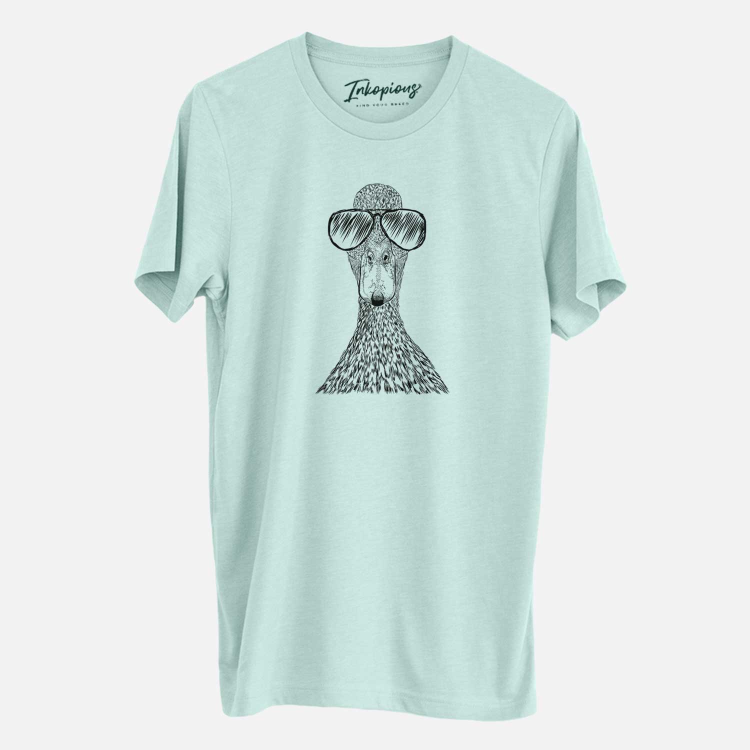 Hand-drawn sketch of Marge the Mallard Duck wearing aviator sunglasses on a Heather Sage Unisex crewneck