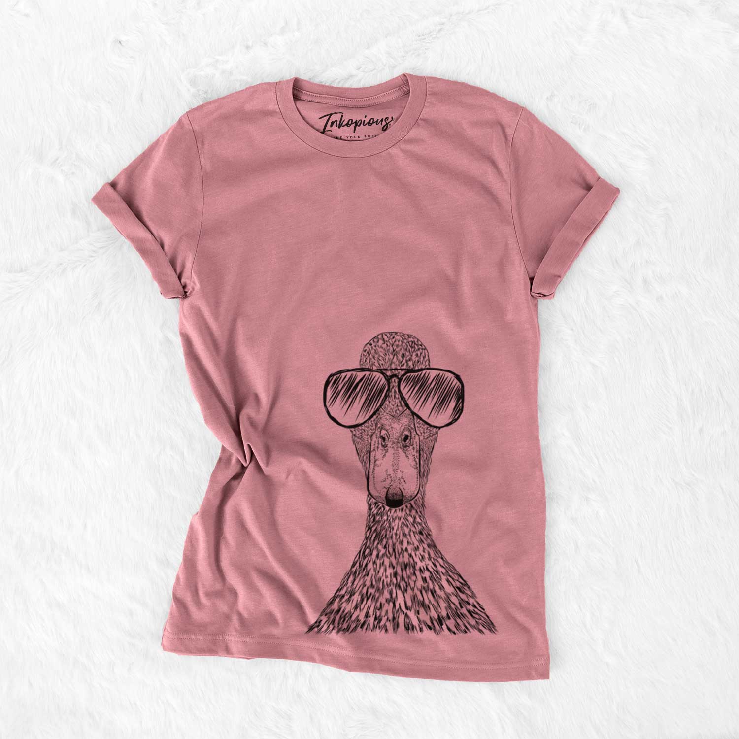 Hand-drawn sketch of Marge the Mallard Duck wearing aviator sunglasses on a Mauve Unisex crewneck