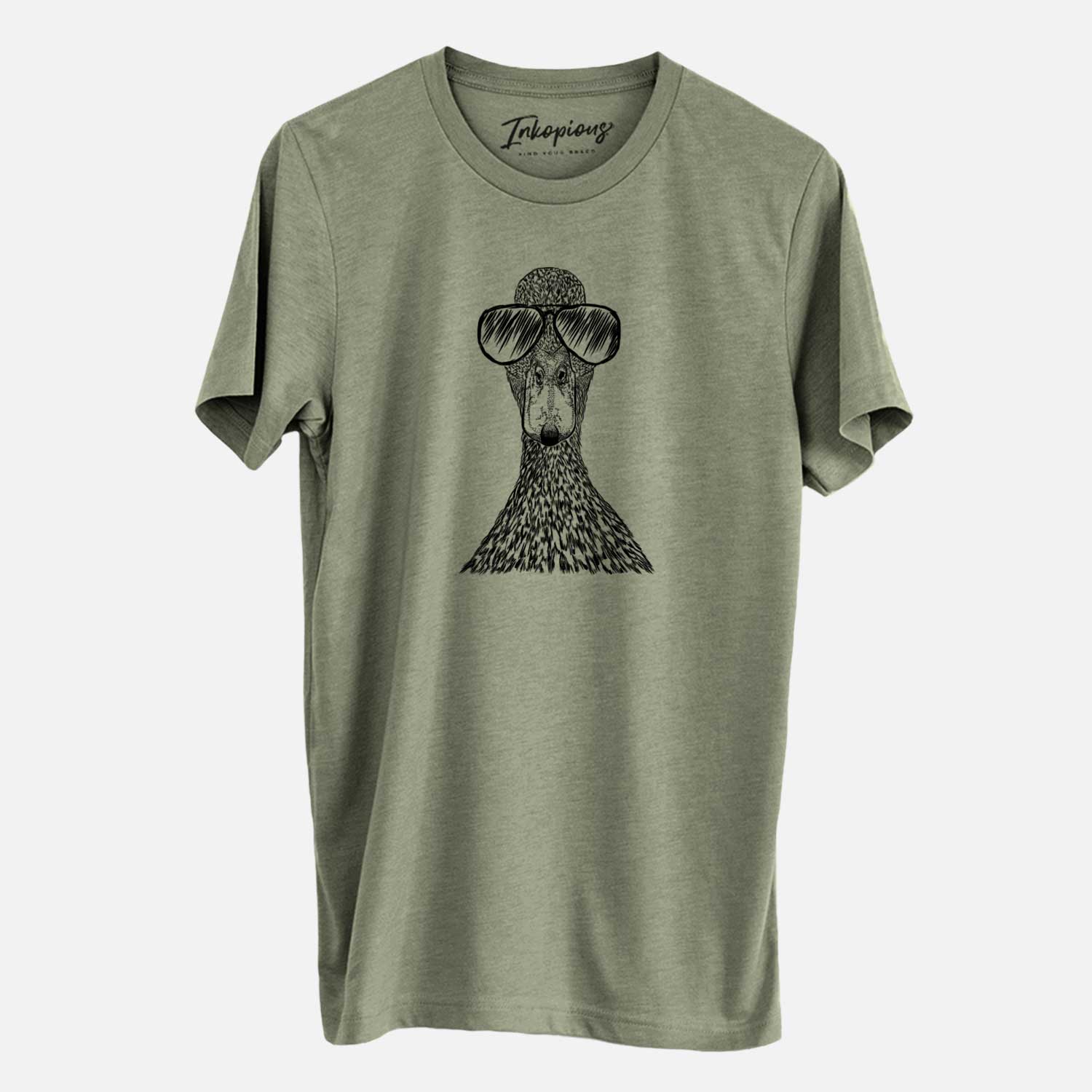 Hand-drawn sketch of Marge the Mallard Duck wearing aviator sunglasses on an Olive Unisex crewneck