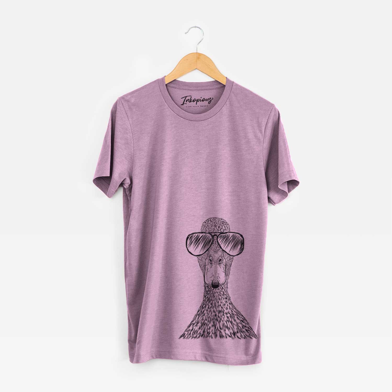 Hand-drawn sketch of Marge the Mallard Duck wearing aviator sunglasses on an Orchid Unisex crewneck