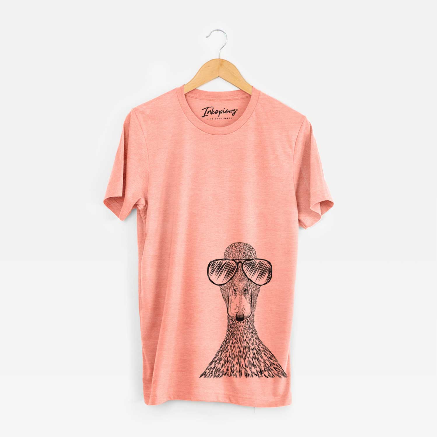 Hand-drawn sketch of Marge the Mallard Duck wearing aviator sunglasses on a Sunset Unisex crewneck