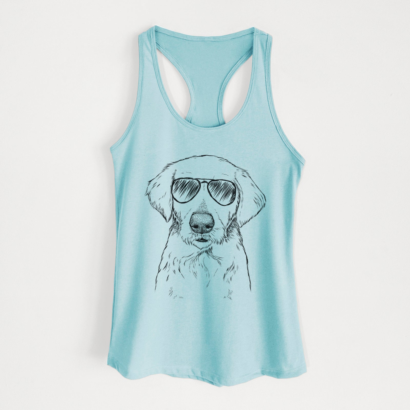 Hand-drawn sketch of Marley Sue the Labradoodle wearing aviator sunglasses on a Cancun Blue Women's racerback tanktop