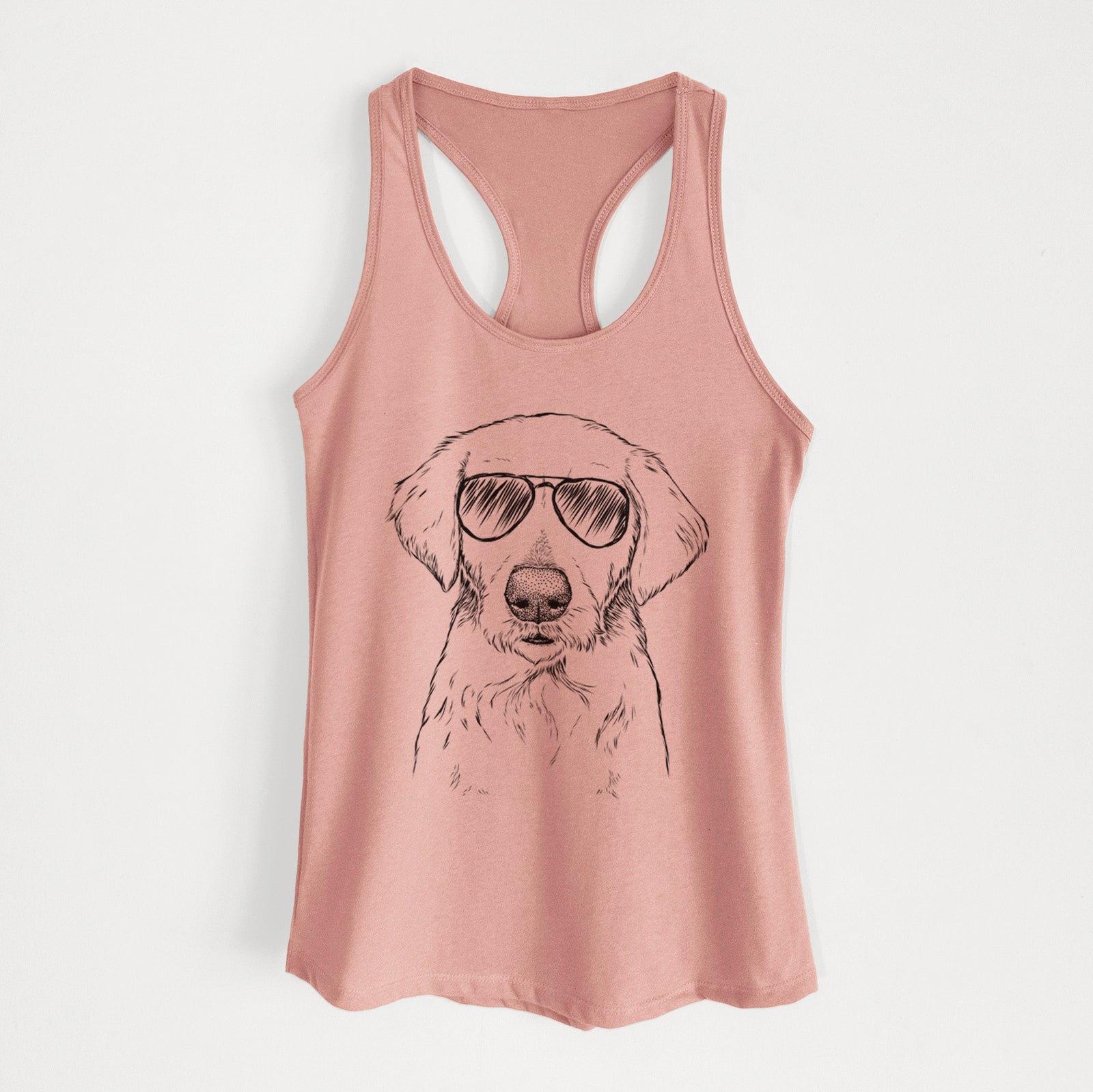 Hand-drawn sketch of Marley Sue the Labradoodle wearing aviator sunglasses on a Desert Pink Women's racerback tanktop