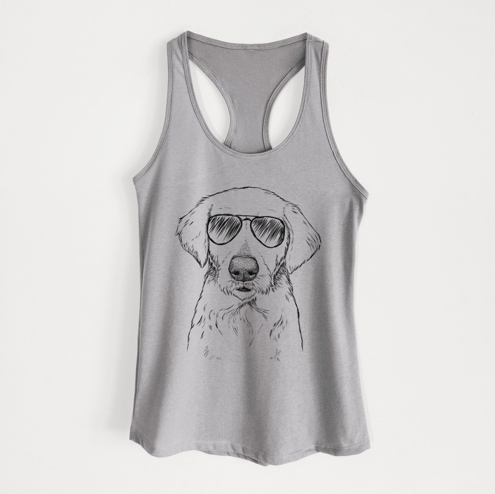 Hand-drawn sketch of Marley Sue the Labradoodle wearing aviator sunglasses on a Heather Grey Women's racerback tanktop