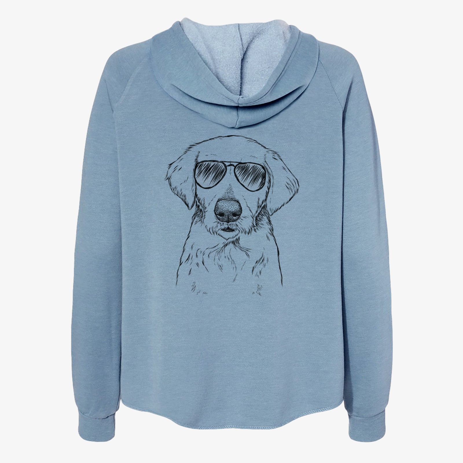 Hand-drawn sketch of Marley Sue the Labradoodle wearing aviator sunglasses on a Misty Blue Women's cali wave zip-up sweatshirt