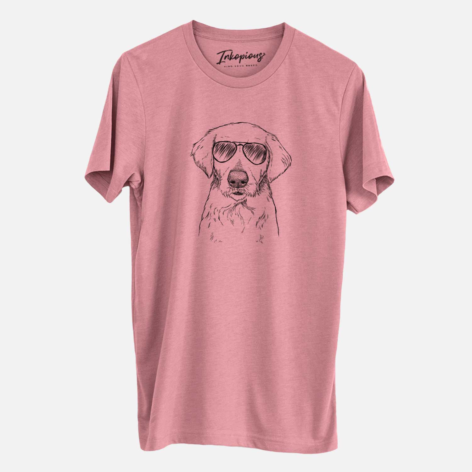Hand-drawn sketch of Marley Sue the Labradoodle wearing aviator sunglasses on a Mauve Unisex crewneck