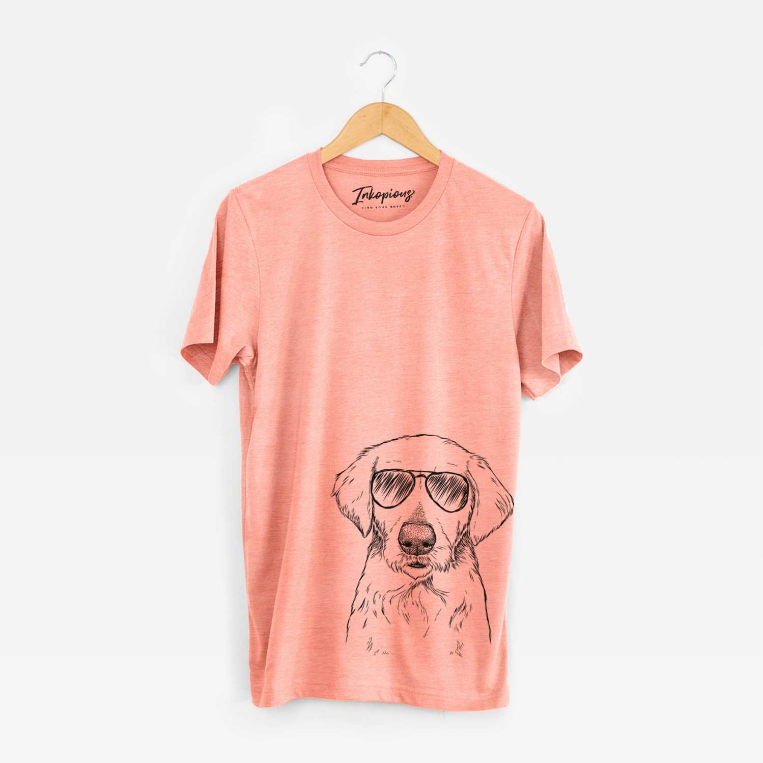 Hand-drawn sketch of Marley Sue the Labradoodle wearing aviator sunglasses on a Sunset Unisex crewneck