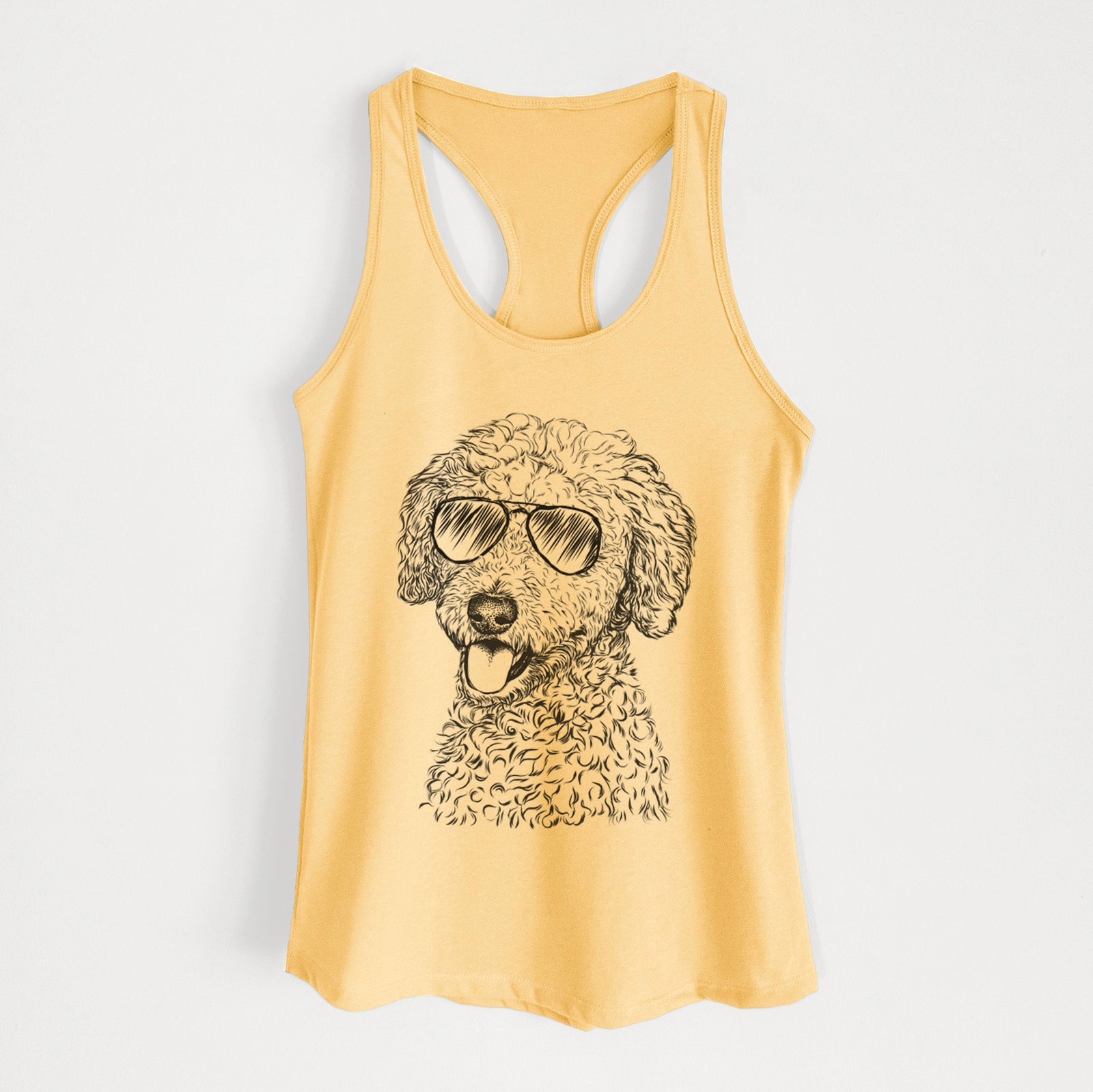 Hand-drawn sketch of Marlow the Goldendoodle wearing aviator sunglasses on a Banana Cream Women's racerback tanktop