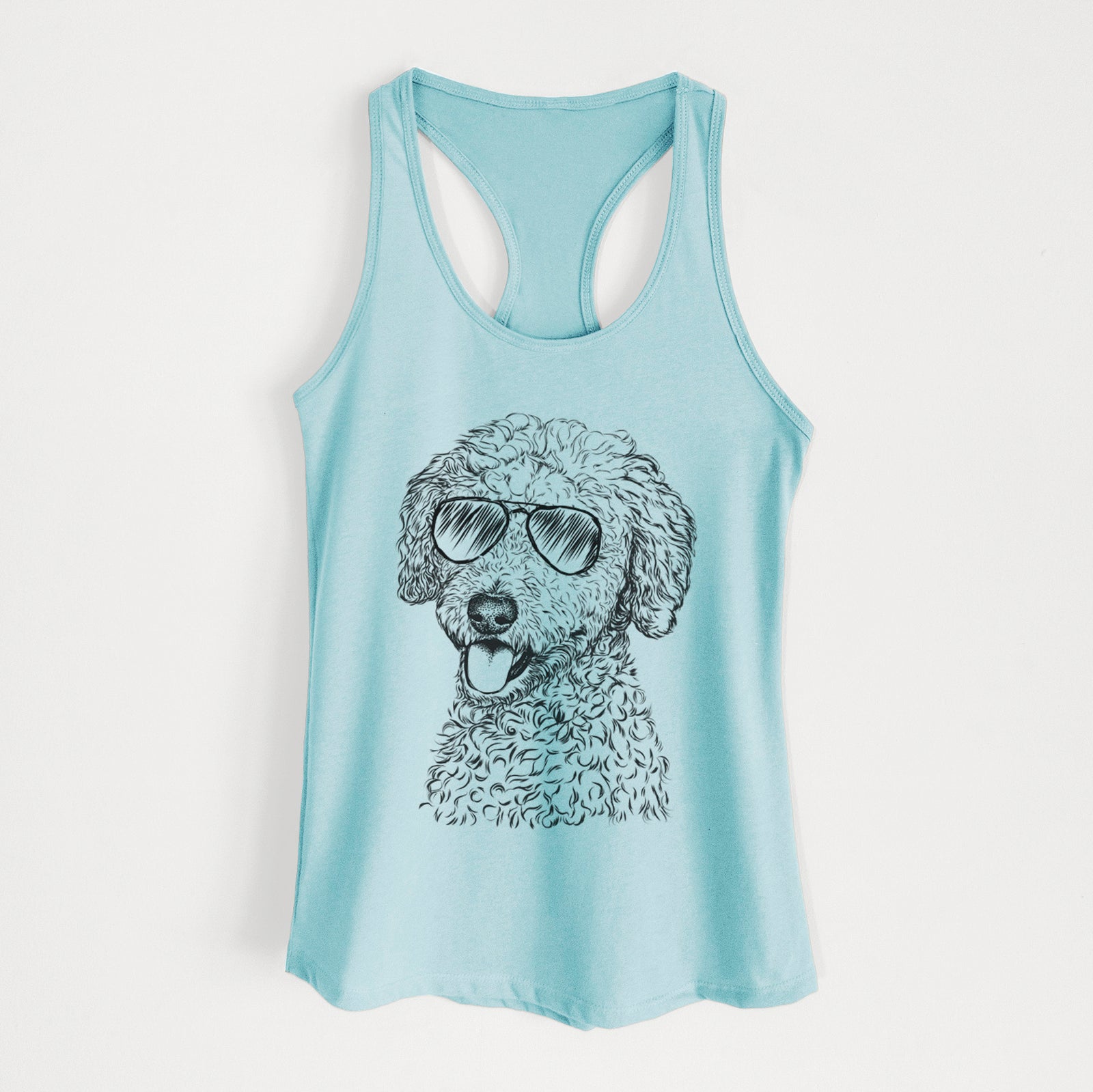 Hand-drawn sketch of Marlow the Goldendoodle wearing aviator sunglasses on a Cancun Blue Women's racerback tanktop