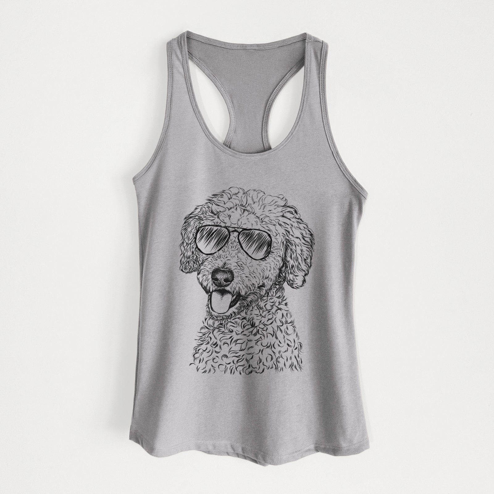 Hand-drawn sketch of Marlow the Goldendoodle wearing aviator sunglasses on a Heather Grey Women's racerback tanktop