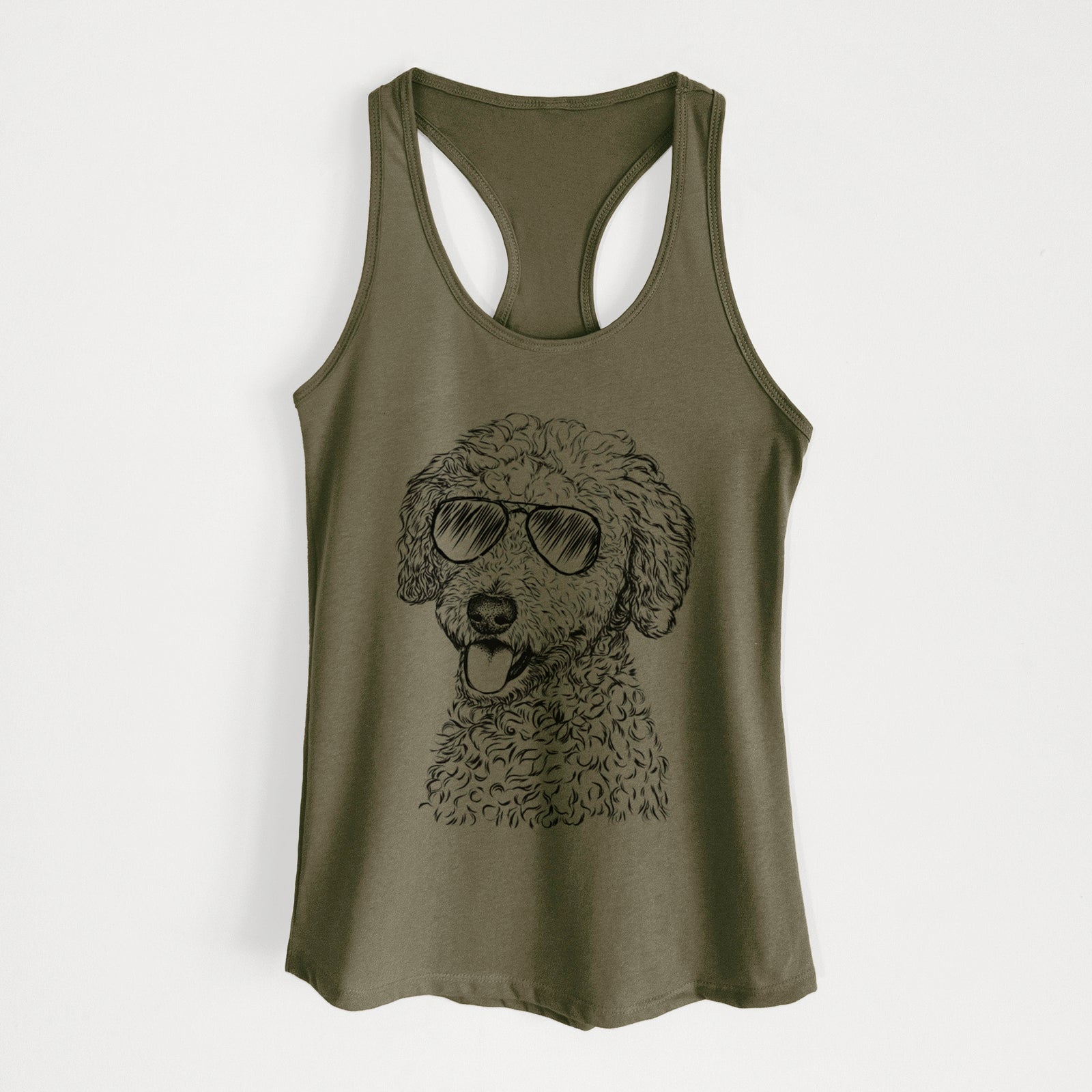 Hand-drawn sketch of Marlow the Goldendoodle wearing aviator sunglasses on a Military Green Women's racerback tanktop