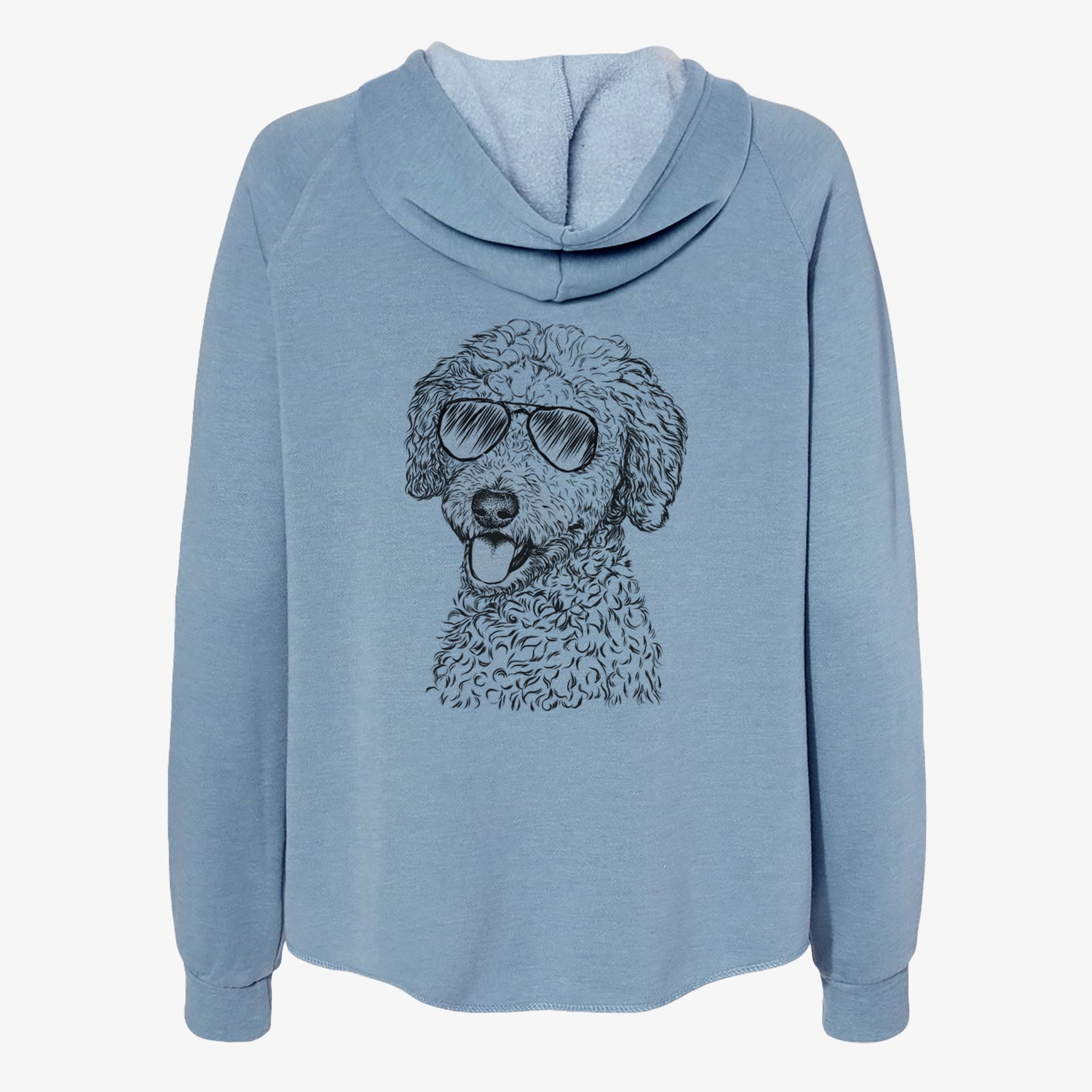 Hand-drawn sketch of Marlow the Goldendoodle wearing aviator sunglasses on a Misty Blue Women's cali wave zip-up sweatshirt