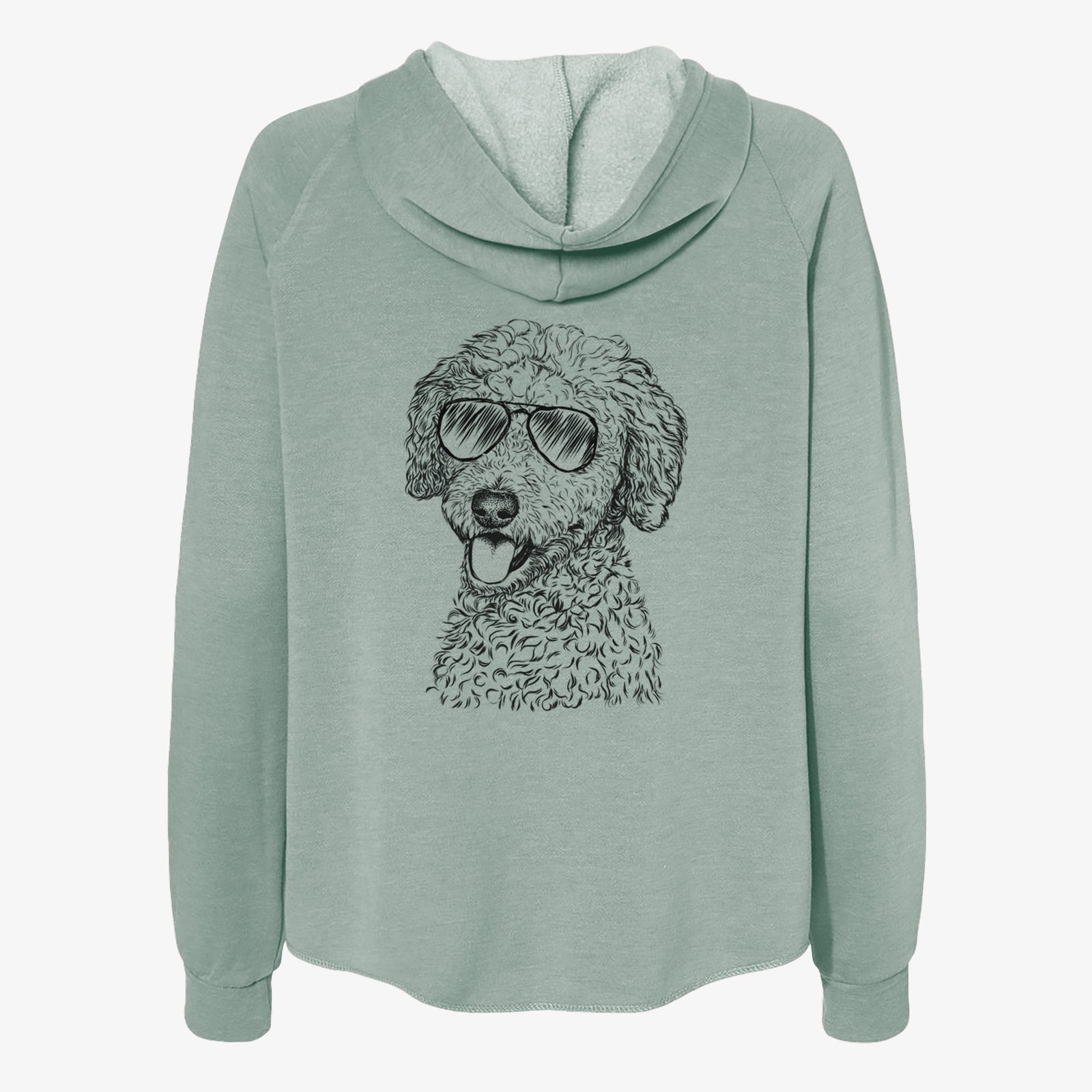 Hand-drawn sketch of Marlow the Goldendoodle wearing aviator sunglasses on a Sage Women's cali wave zip-up sweatshirt