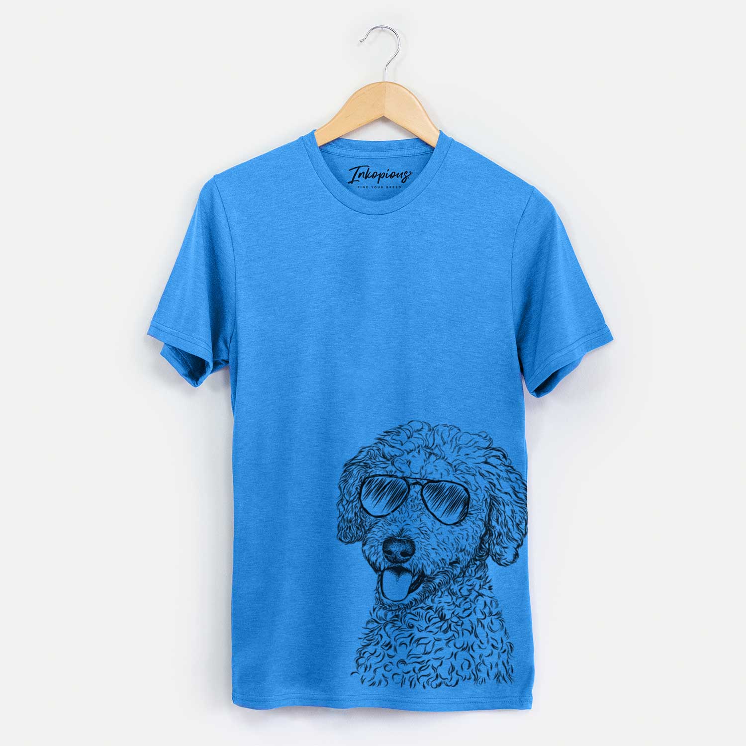 Hand-drawn sketch of Marlow the Goldendoodle wearing aviator sunglasses on a Blue Unisex crewneck