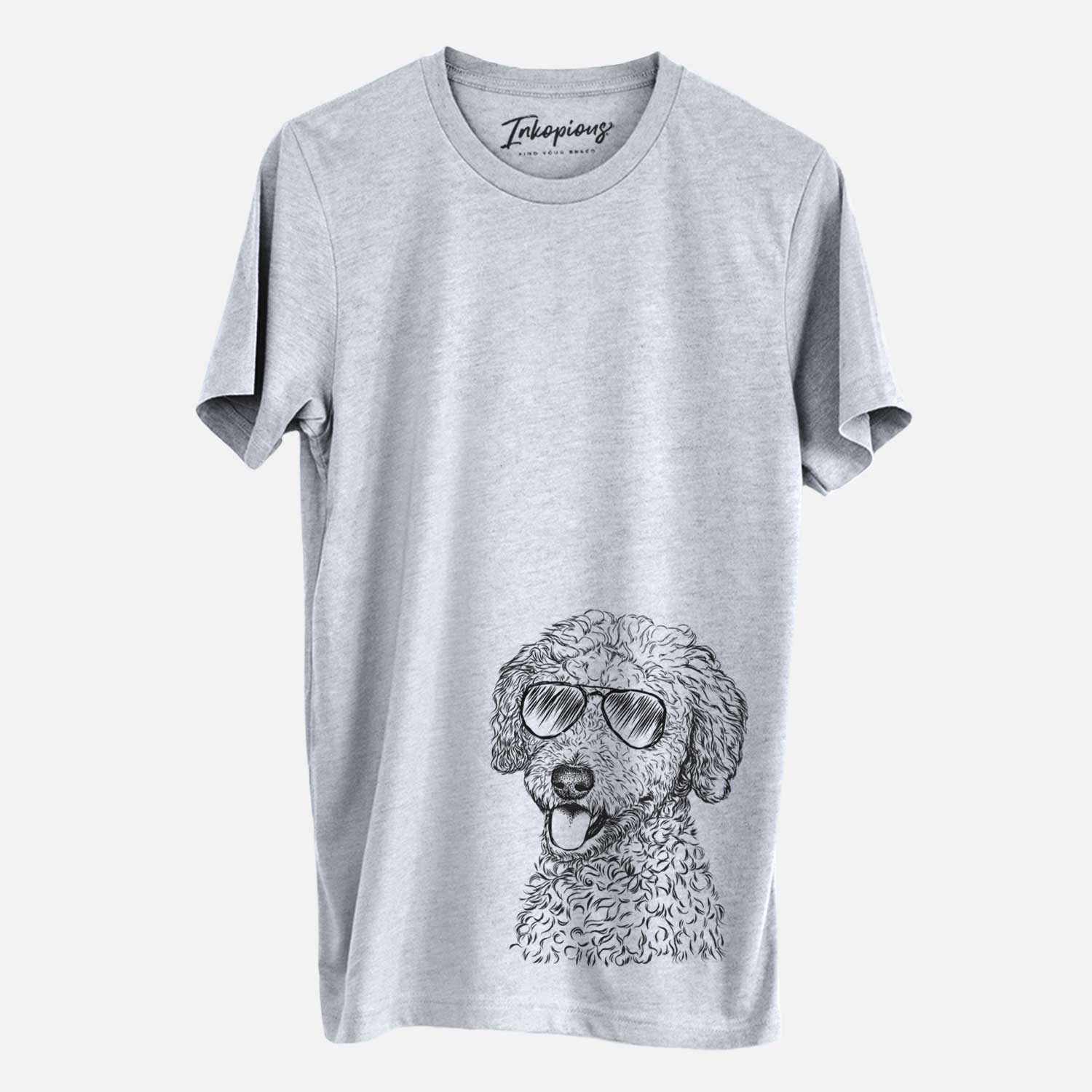 Hand-drawn sketch of Marlow the Goldendoodle wearing aviator sunglasses on a Grey Unisex crewneck