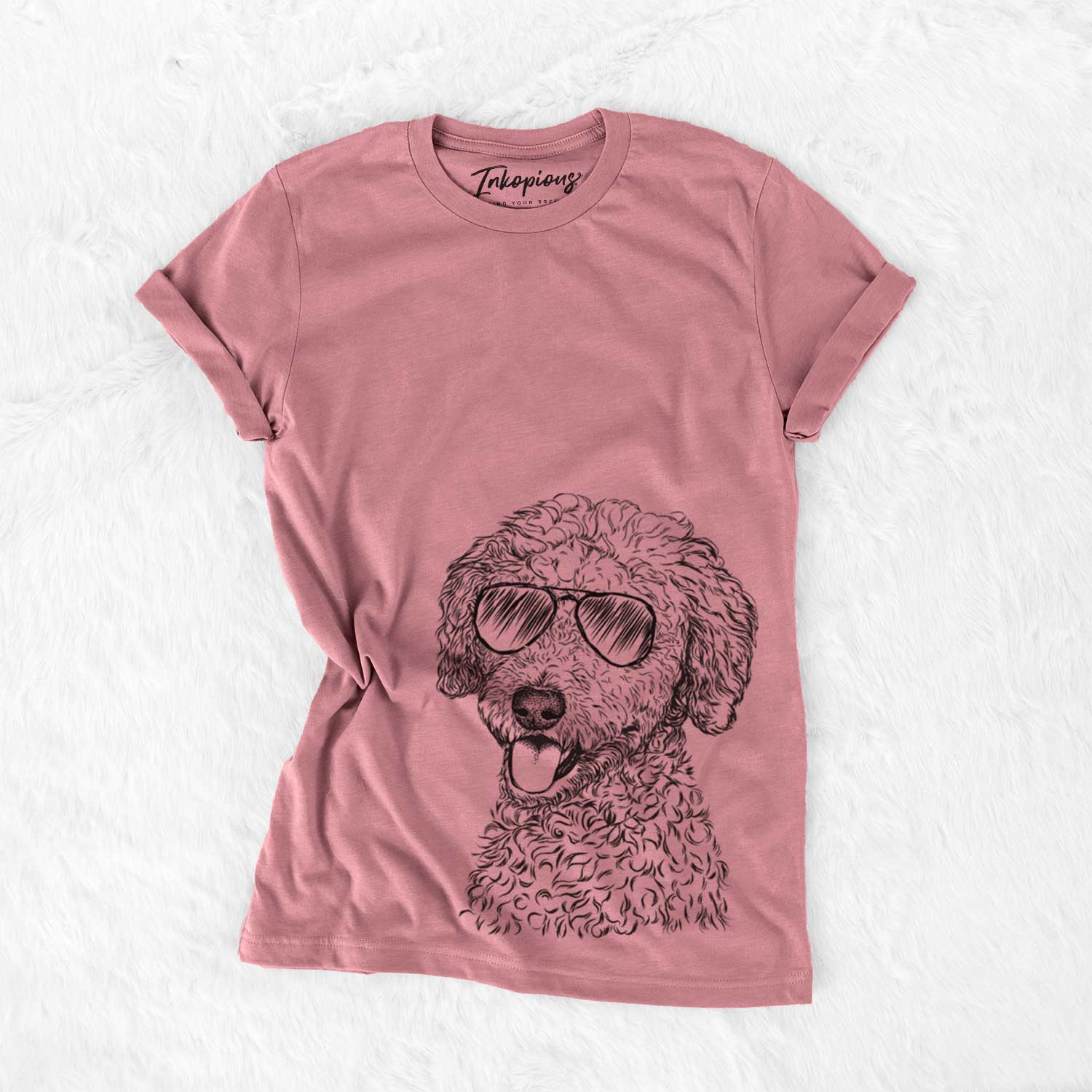 Hand-drawn sketch of Marlow the Goldendoodle wearing aviator sunglasses on a Mauve Unisex crewneck