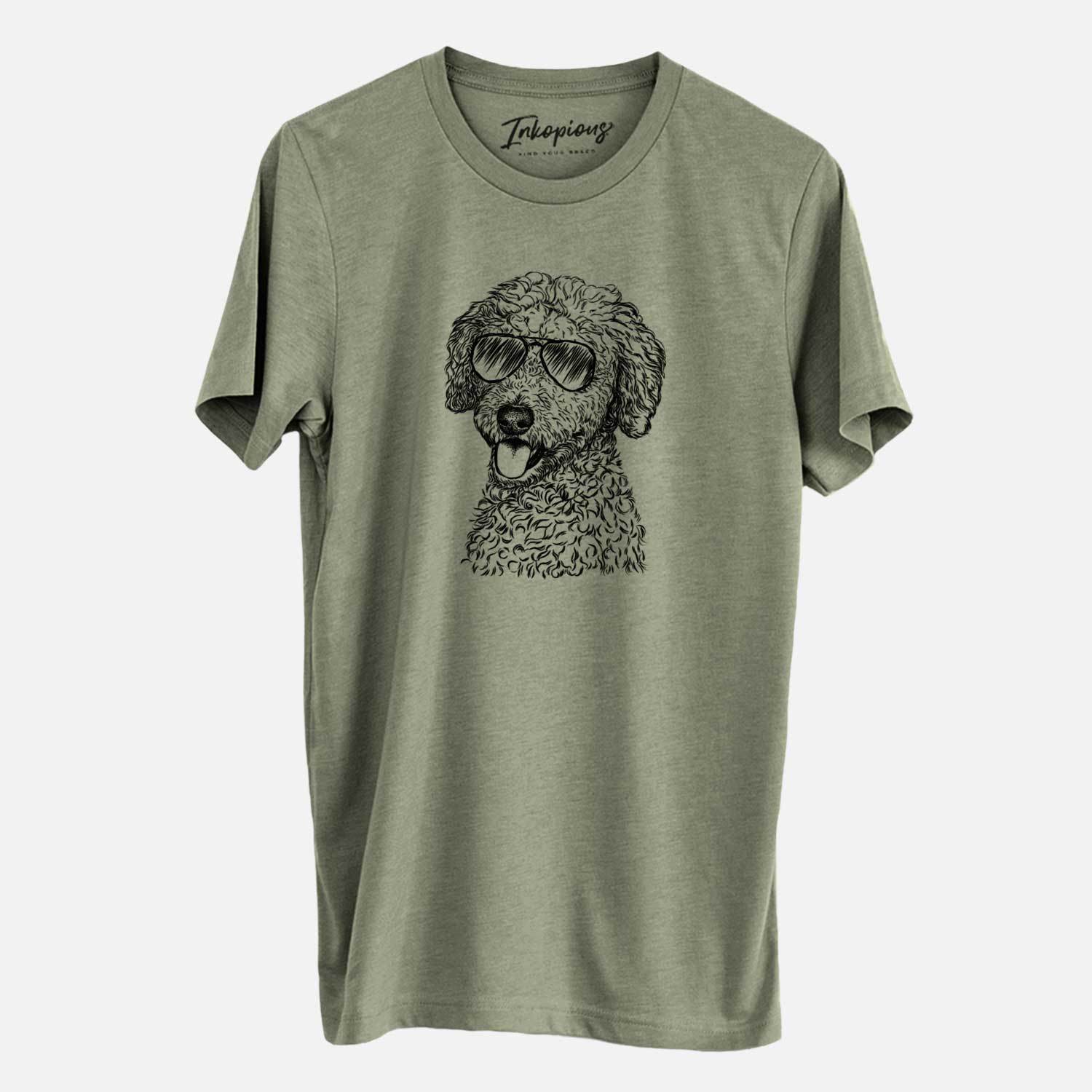 Hand-drawn sketch of Marlow the Goldendoodle wearing aviator sunglasses on an Olive Unisex crewneck