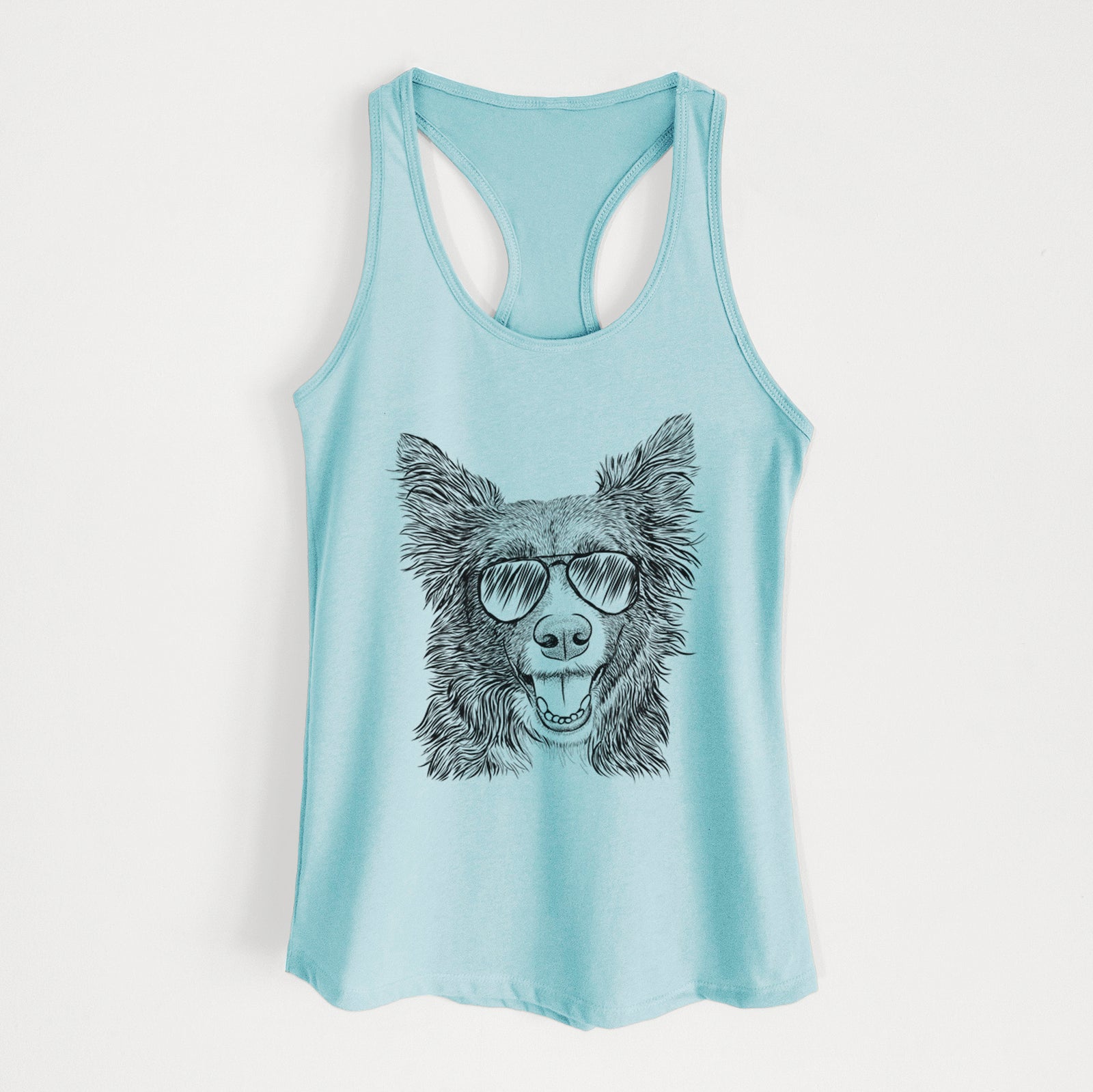 Hand-drawn sketch of Marti the Border Collie wearing aviator sunglasses on a Cancun Blue Women's racerback tanktop
