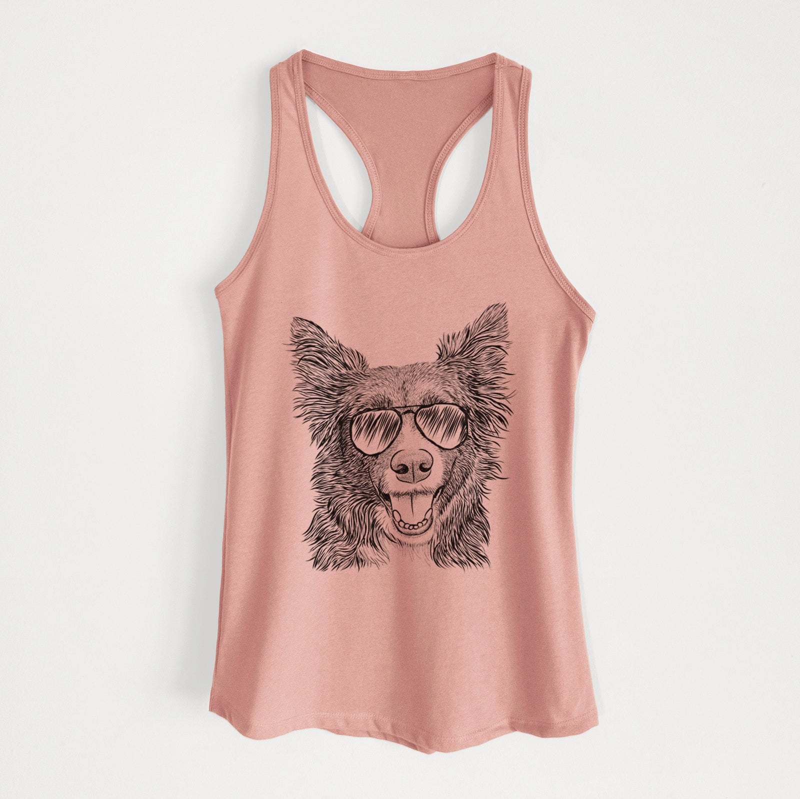Hand-drawn sketch of Marti the Border Collie wearing aviator sunglasses on a Desert Pink Women's racerback tanktop