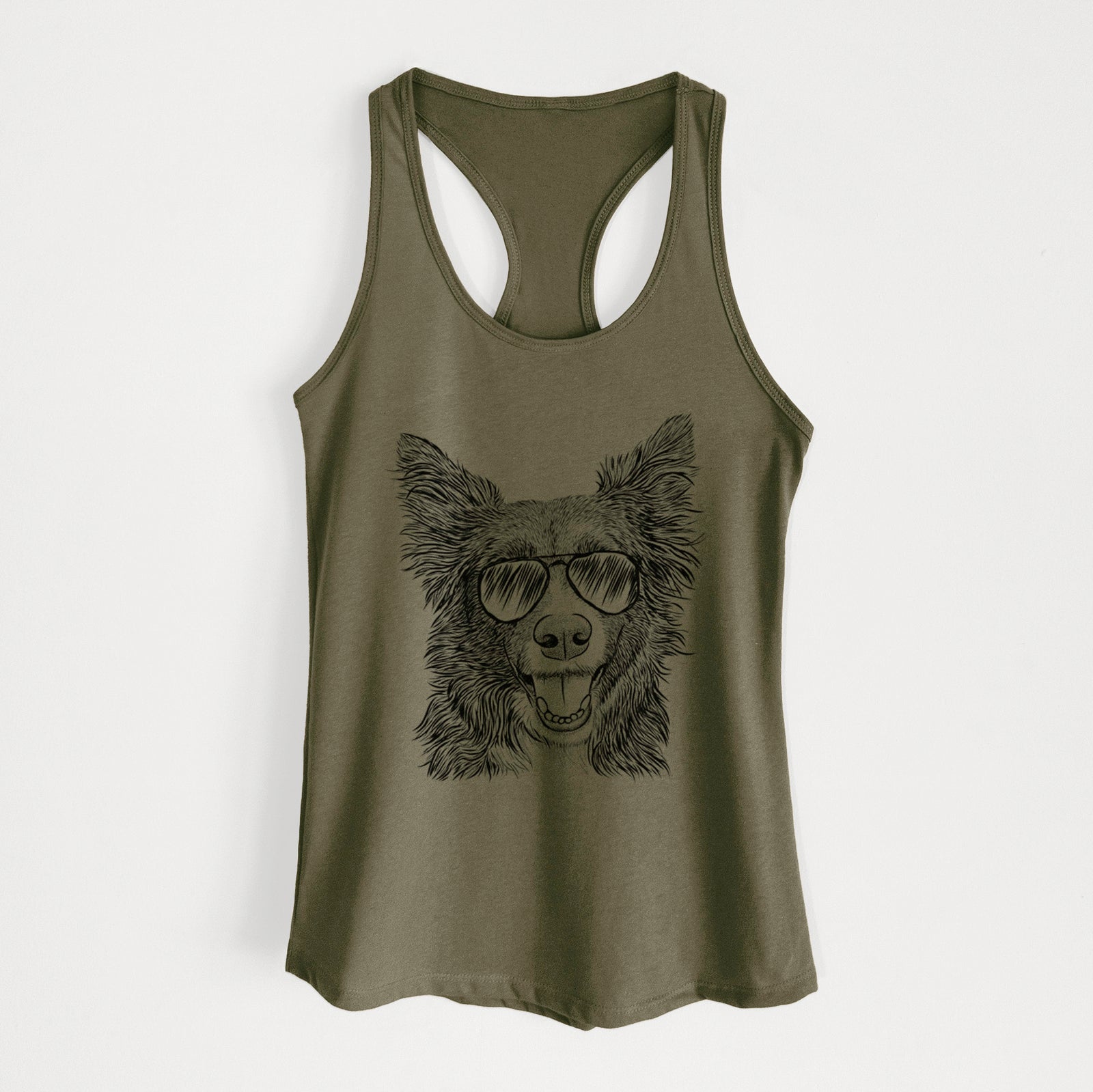 Hand-drawn sketch of Marti the Border Collie wearing aviator sunglasses on a Military Green Women's racerback tanktop