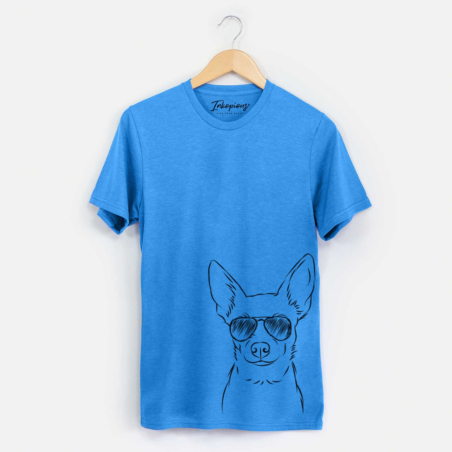 Hand-drawn sketch of Martini the Chihuahua wearing aviator sunglasses on a Blue Unisex crewneck